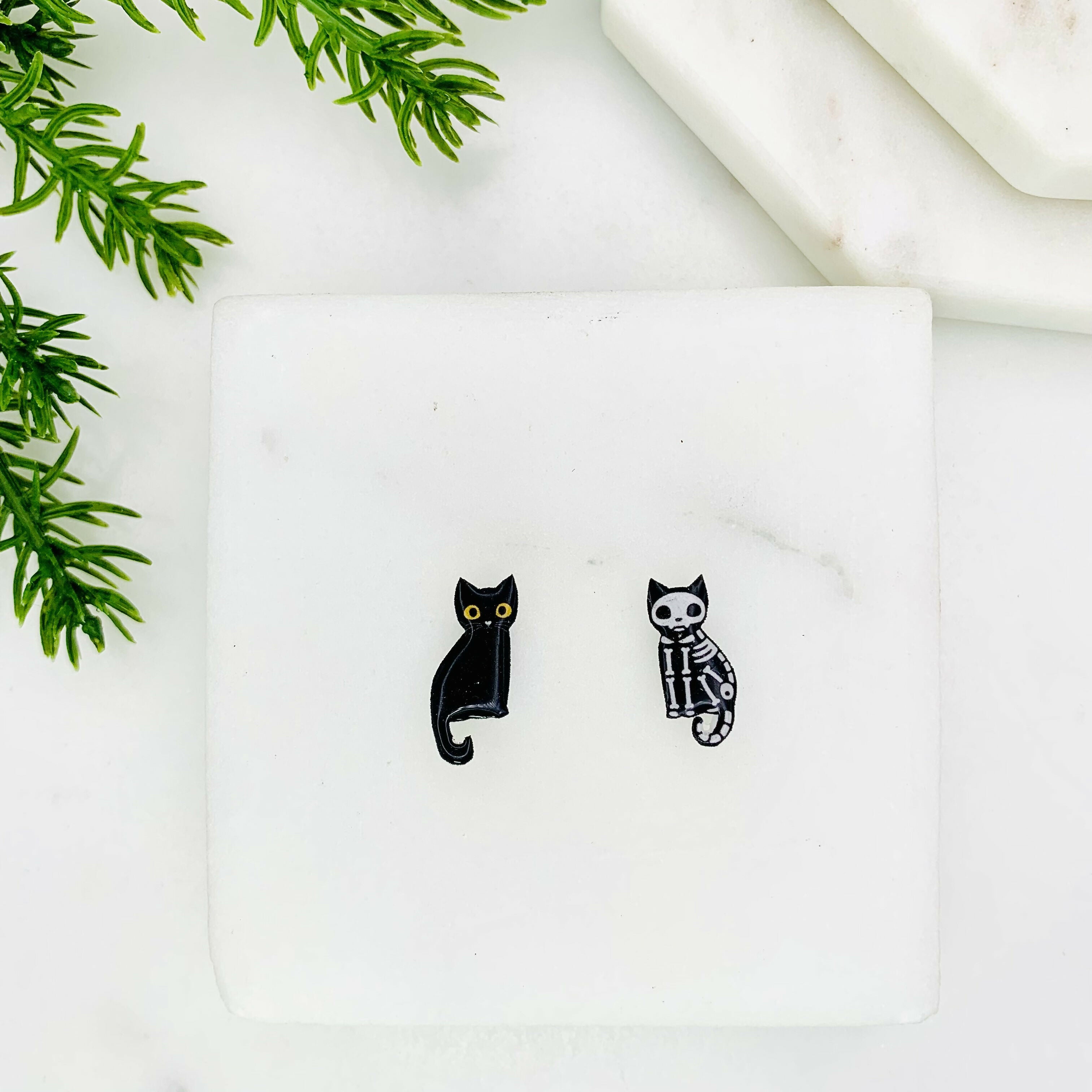 Black Cat & Skeleton Cat Mismatched Stud Earrings.