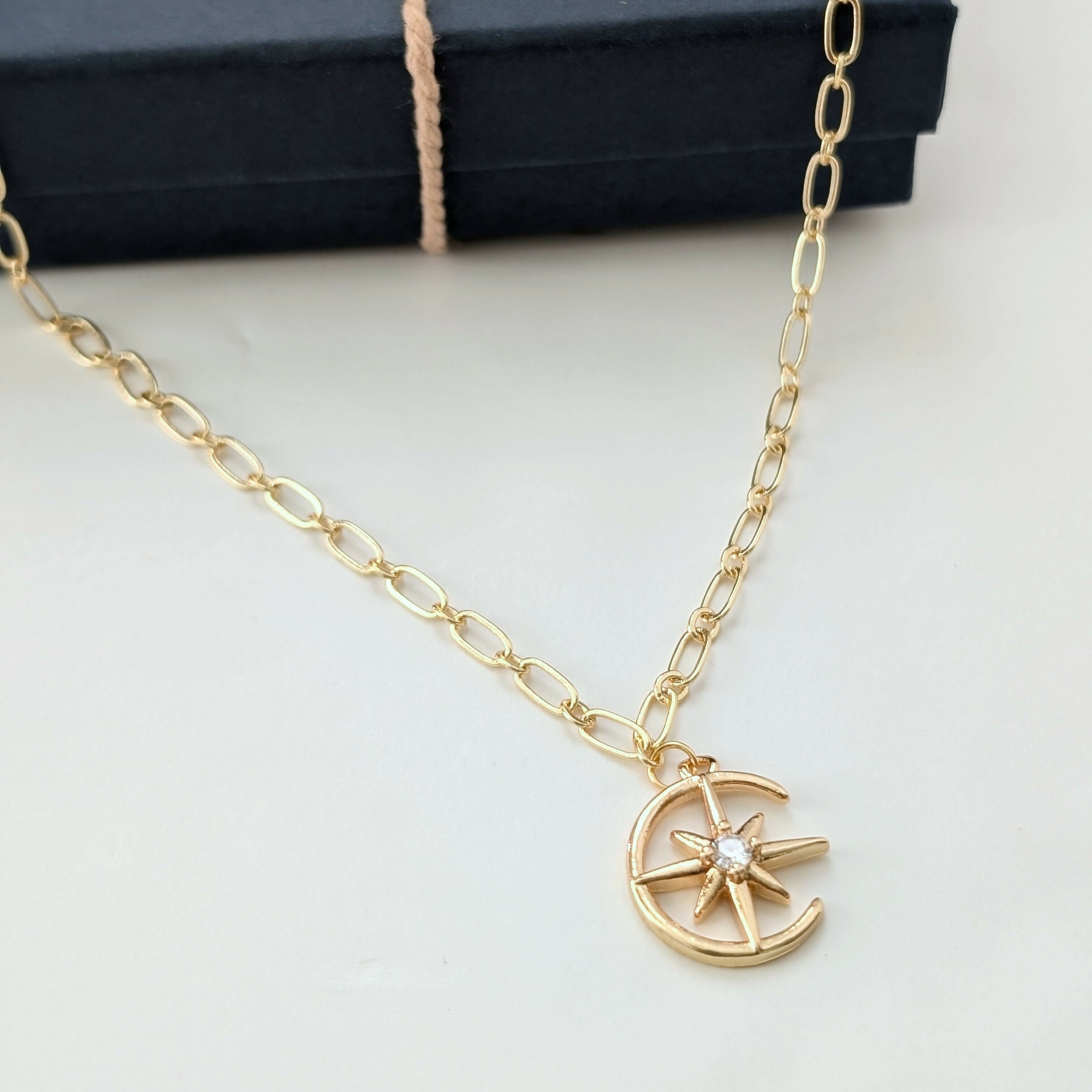 Moon and Star Necklace with Cubic Zirconia Stones on Gold Plated Oval Chain