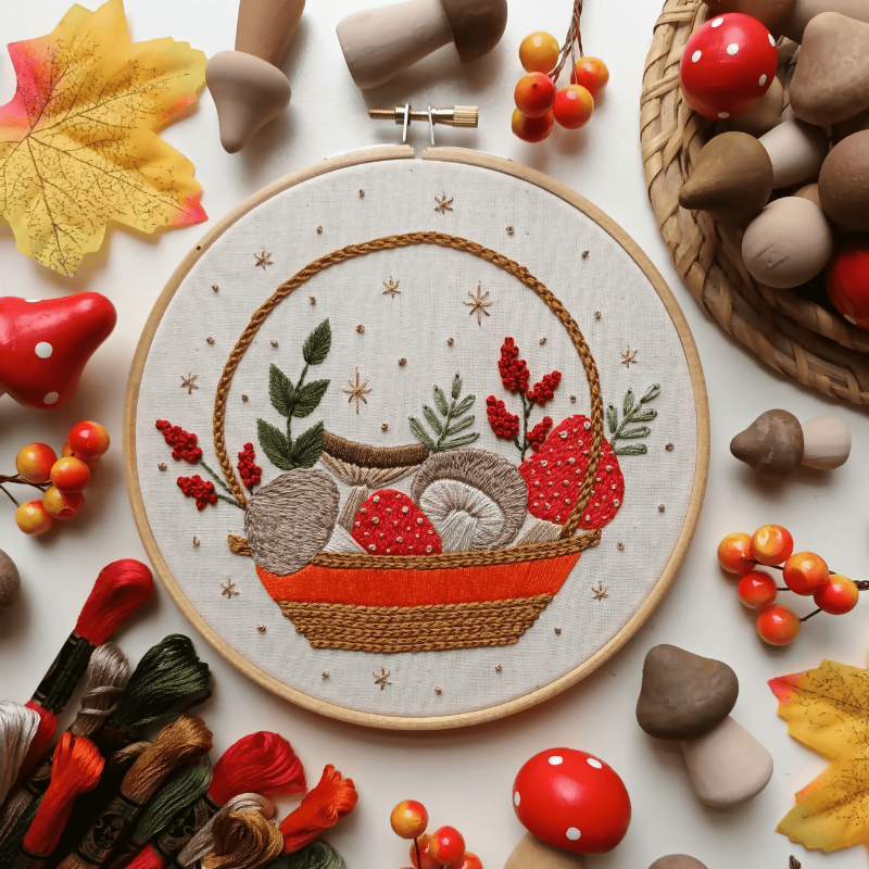Preprinted embroidery pattern for beginners - Mushroom basket