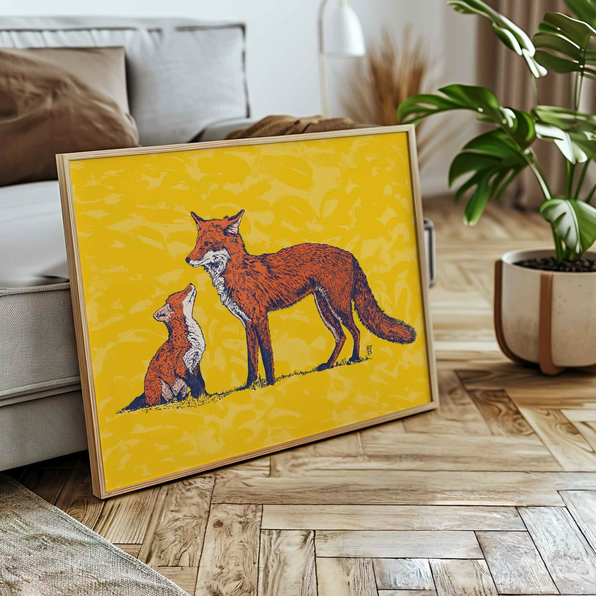 Fox and Cub Art Print – Woodland Animal Wall Art
