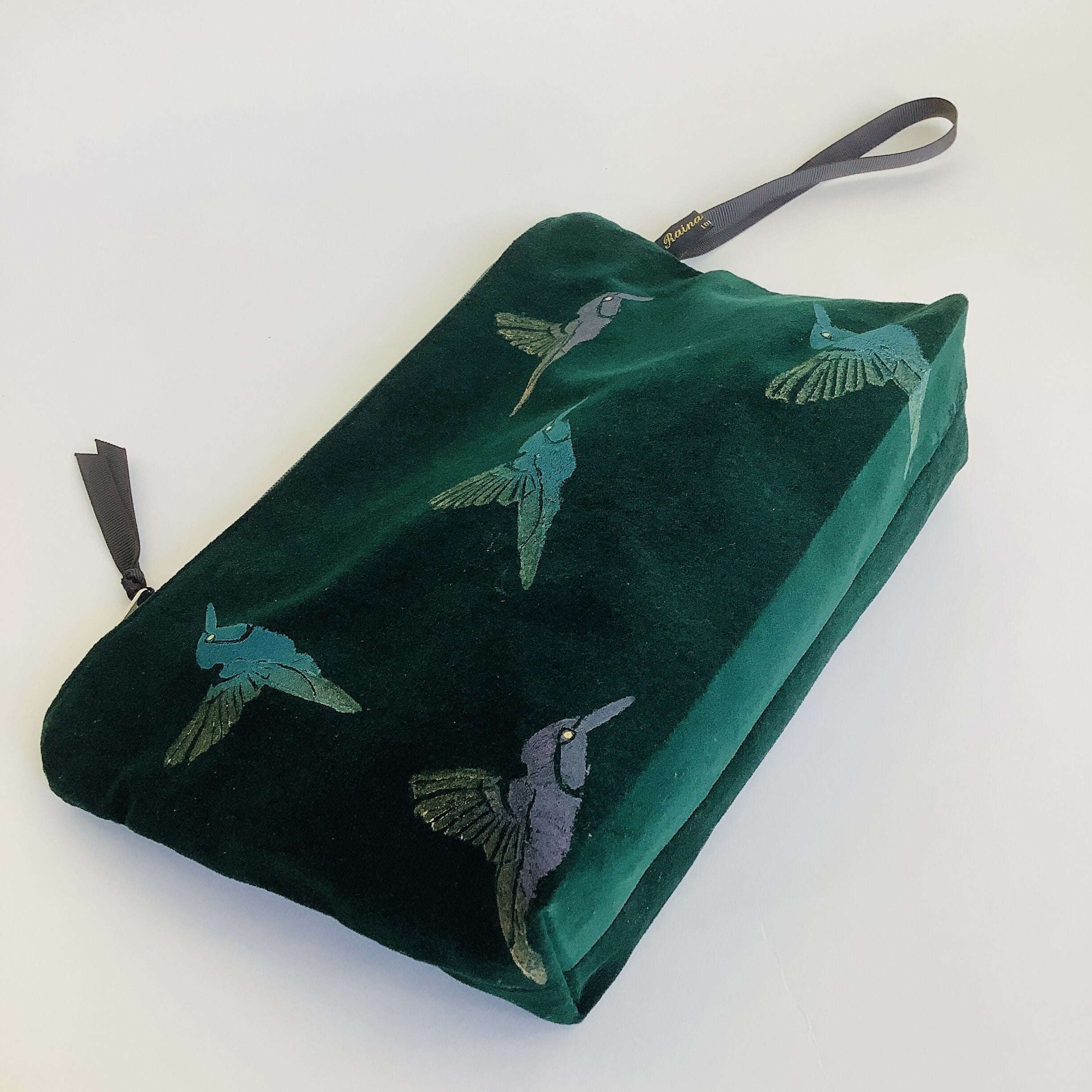 Green Velvet Hummingbird Makeup Bag