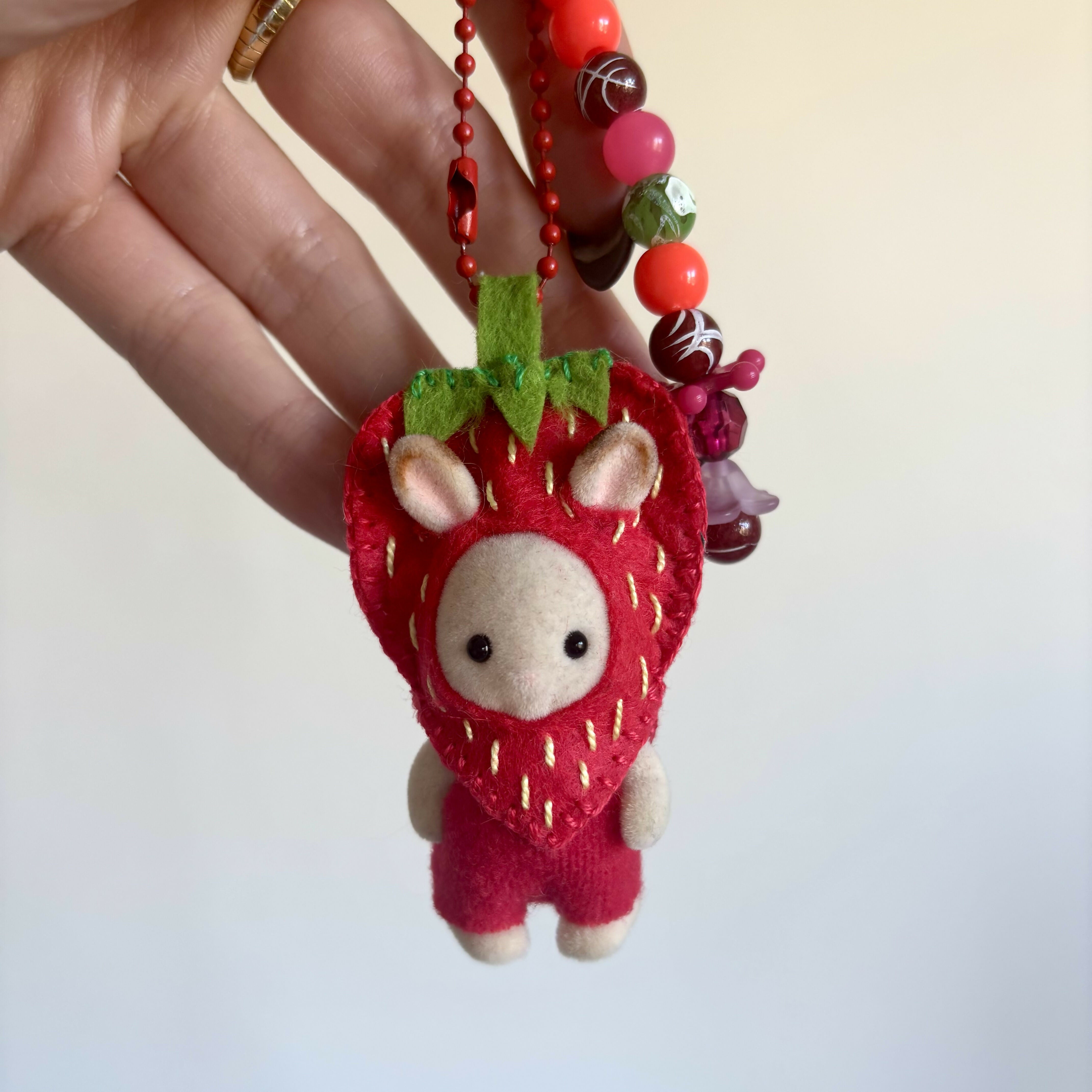 Strawberry Bunny Felt Keyring