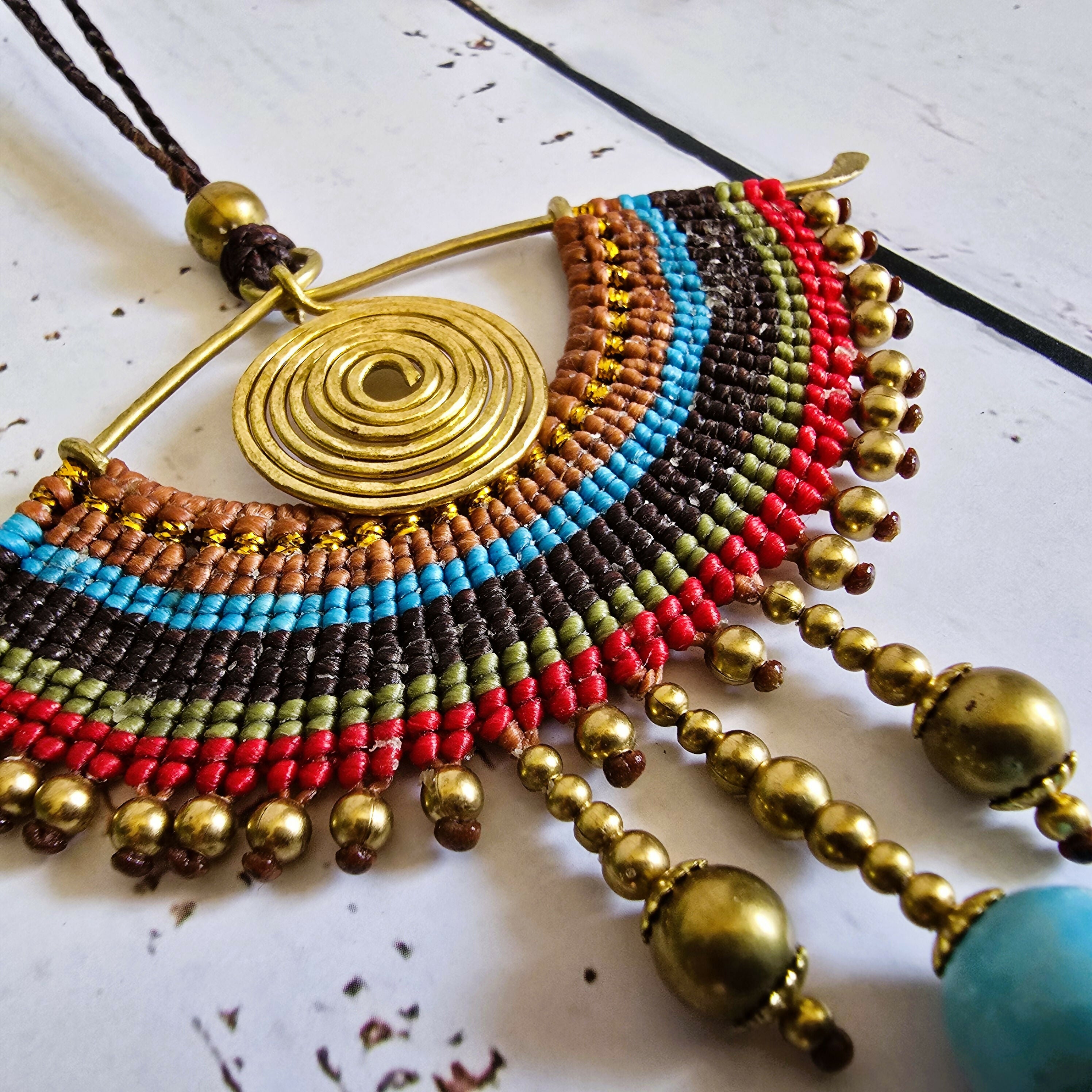 All-Seeing Eye Necklace; Turquoise Crystal Macramé Pendant With Handcrafted Brass Spiral Wire-Art