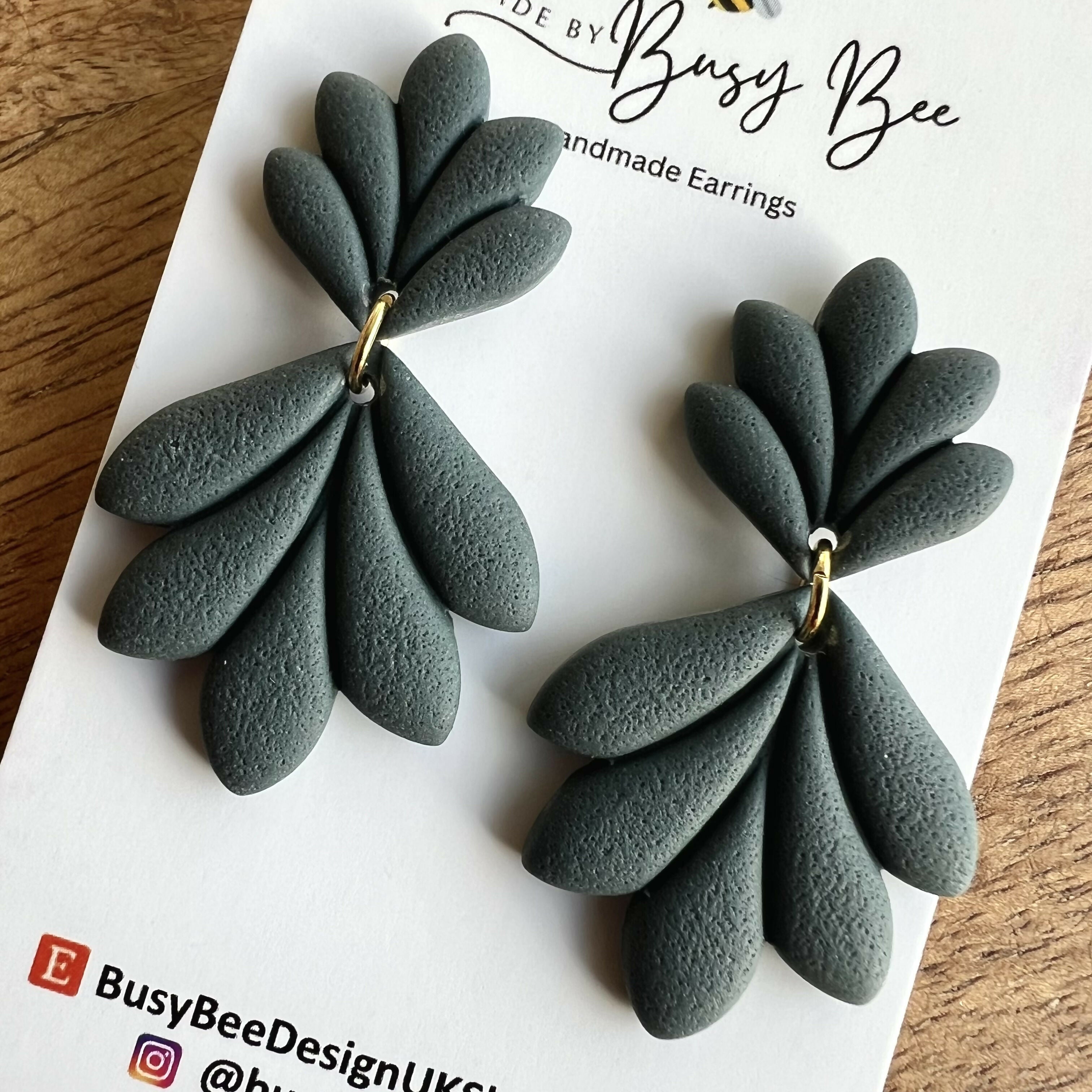 Boho Dark Blue Green Autumn Leaf Earrings /Statement Dangle Polymer Clay Earrings / Handmade Minimalist Jewellery