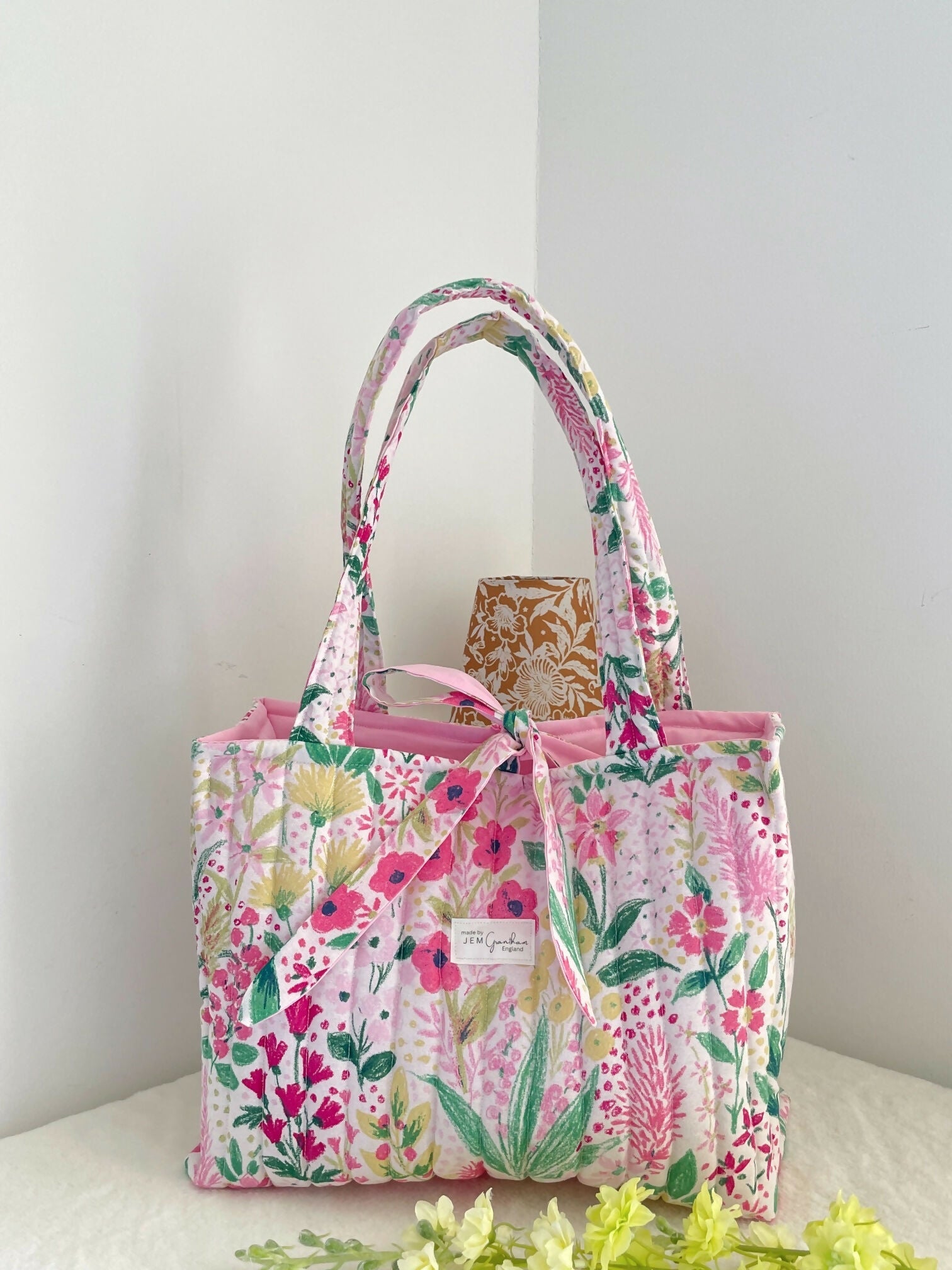 Quilted Tote Bag Pink Floral Design with Ribbon Closure Handmade in UK