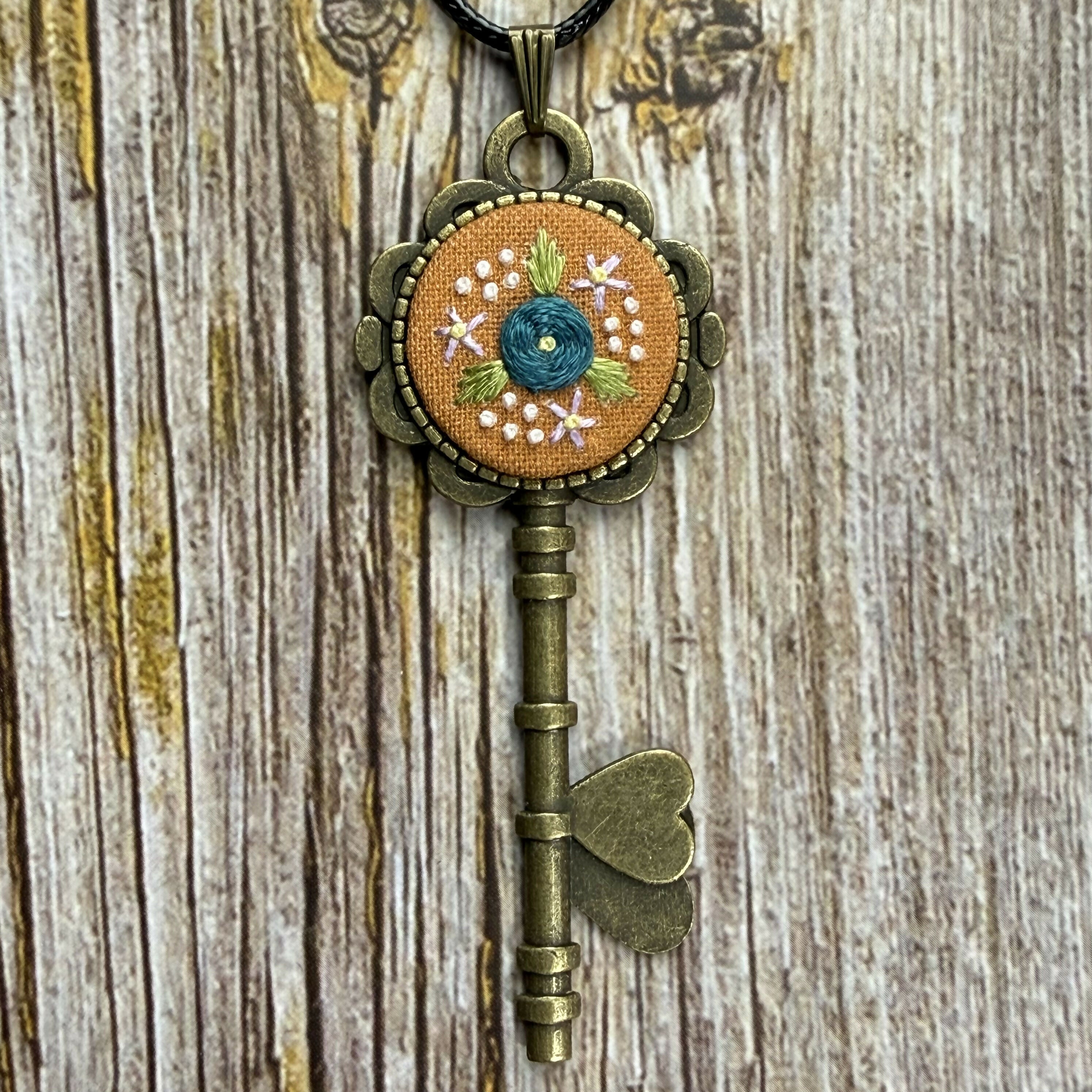 Hand Embroidered Orange Floral Key Necklace