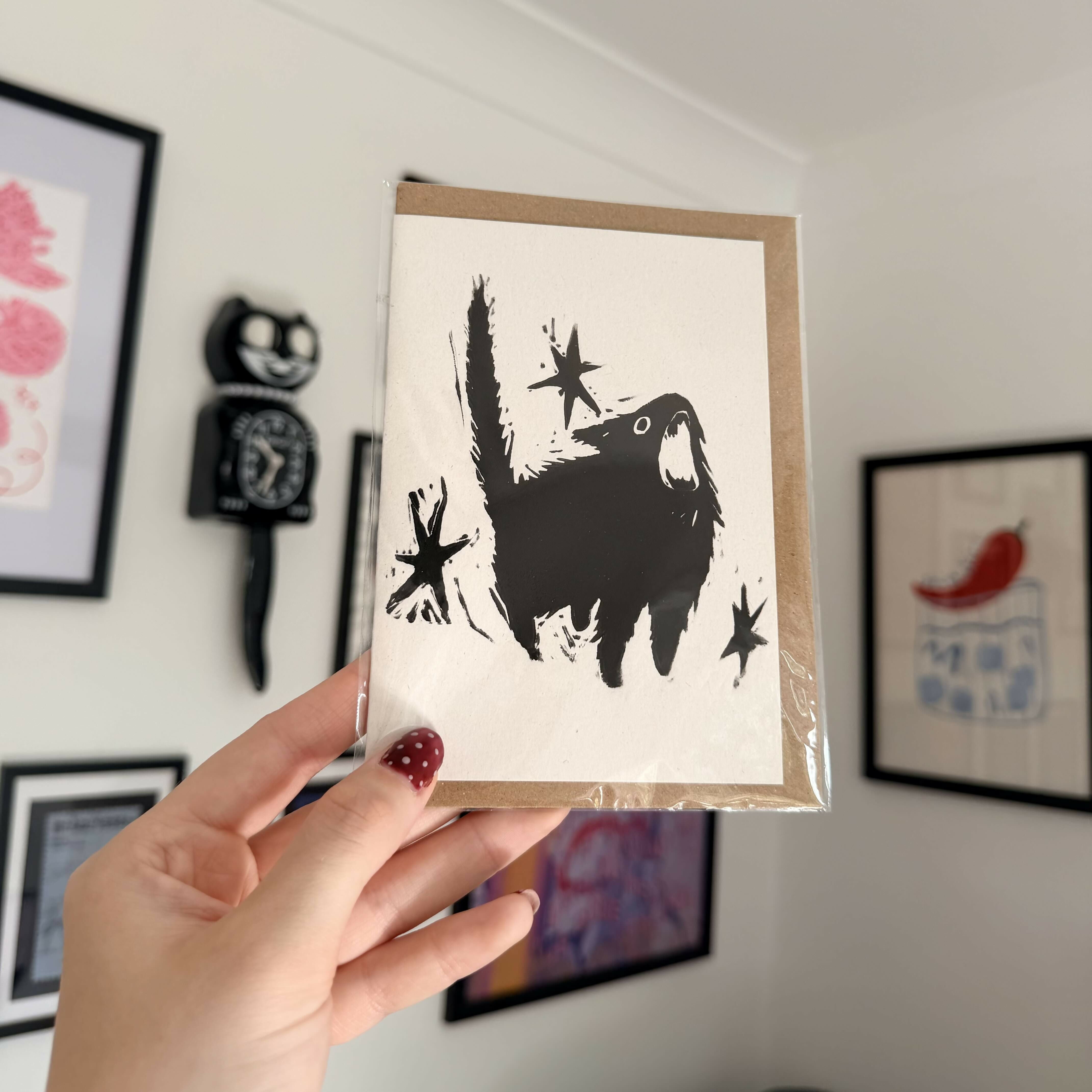 Lino Printed Greetings Card - Tiny Cat Big Scream