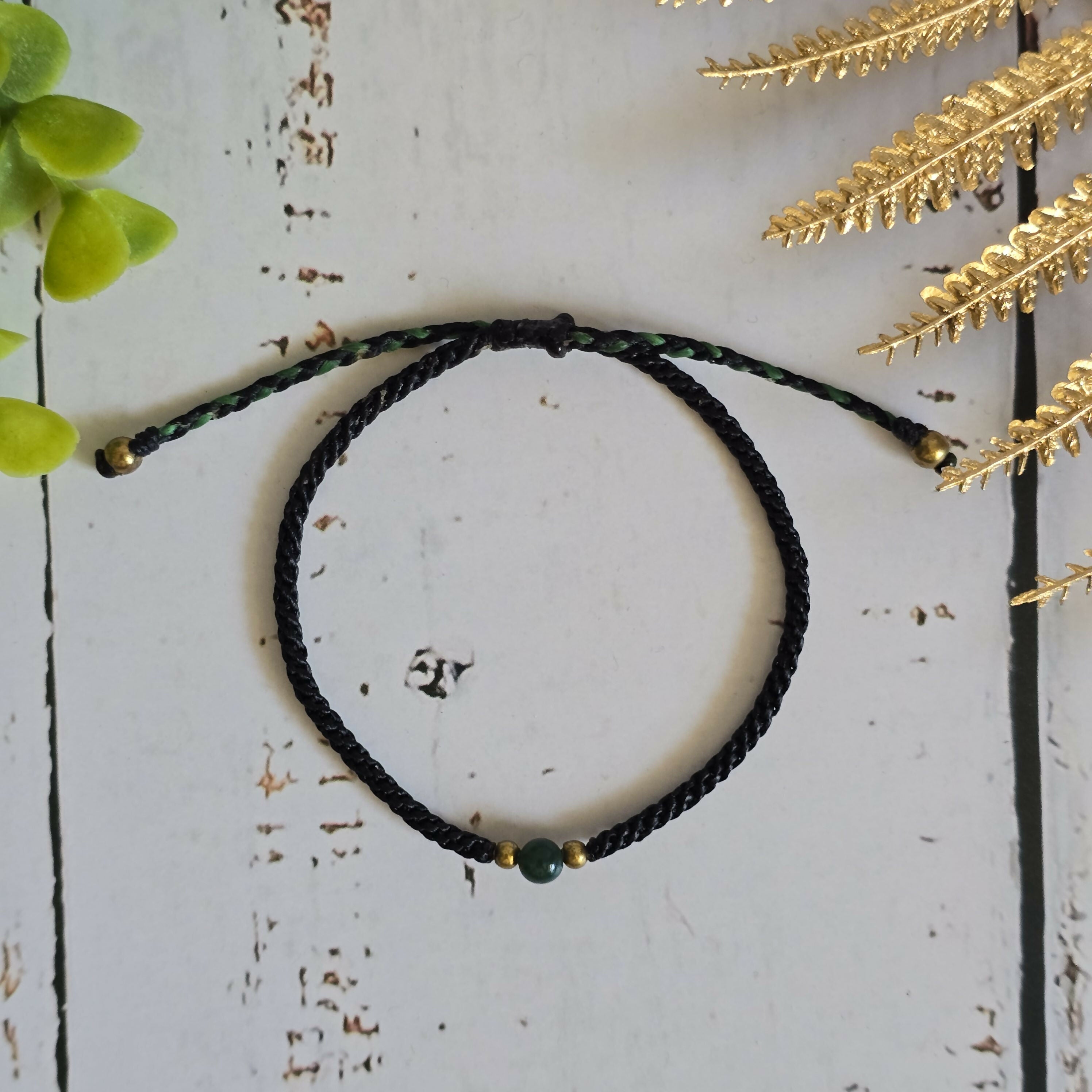 Moss Agate Birthstone Bracelet; Single Crystal Macrame Adjustible May Gift Bracelet