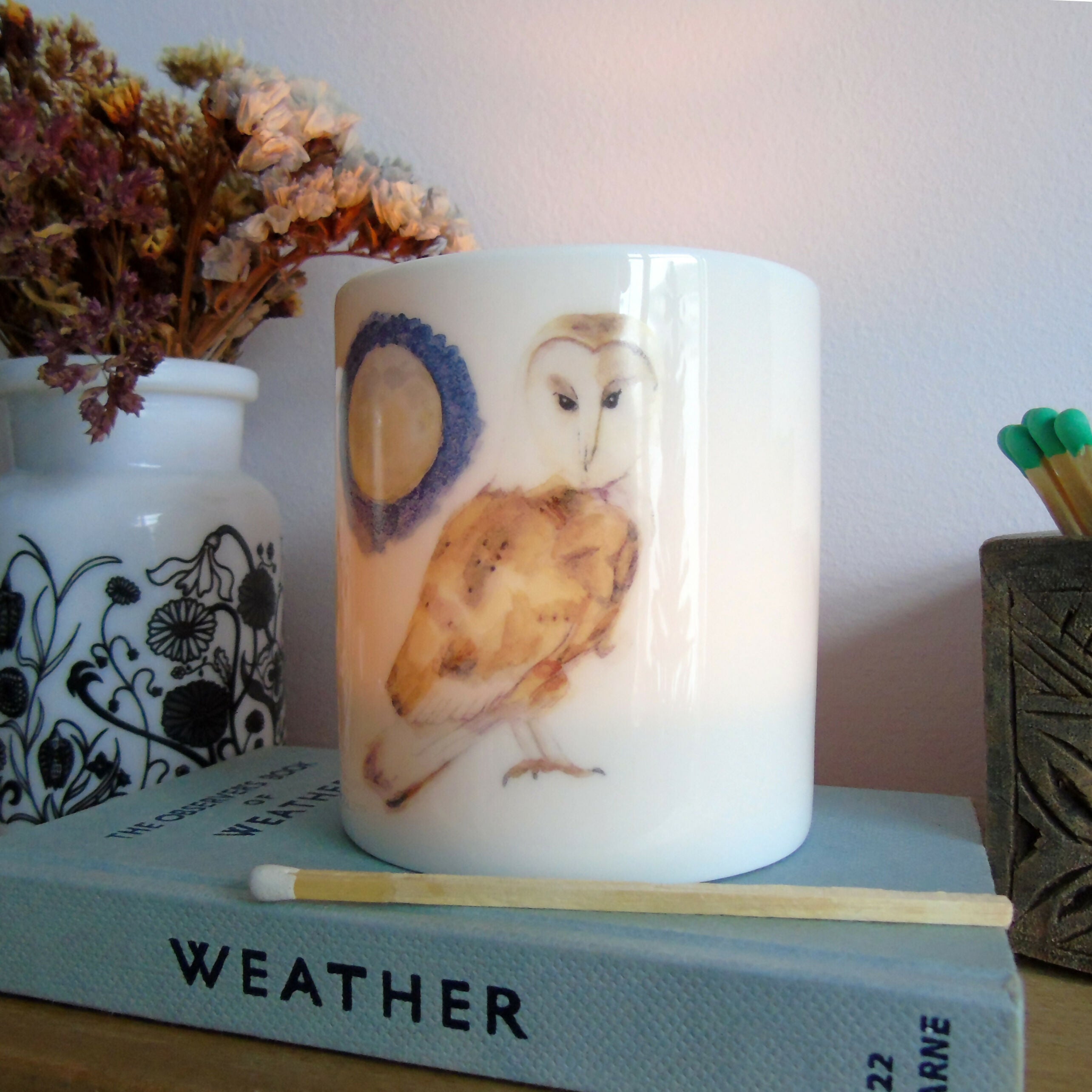 Barn owl and Moon Bone China Candle Holder