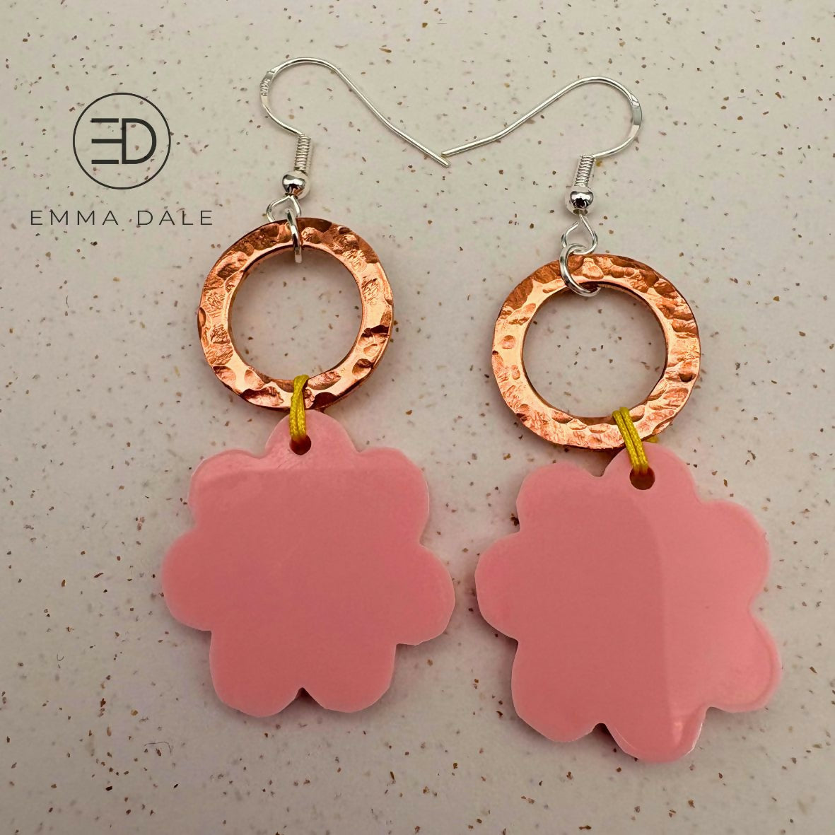 Pink Flower Acrylic & Hand-Hammered Copper Earrings
