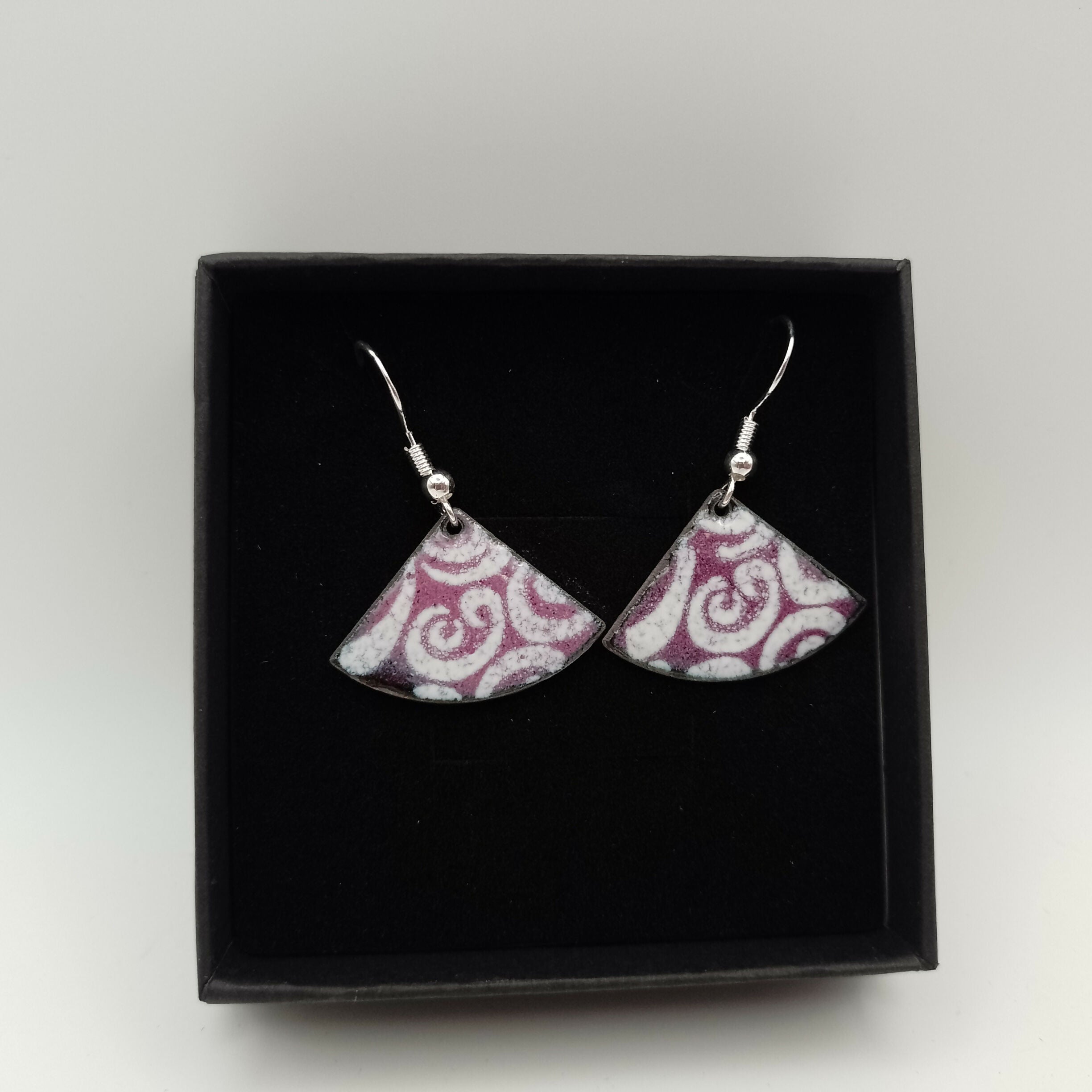 Purple Fan Enamel Earrings with White Swirls