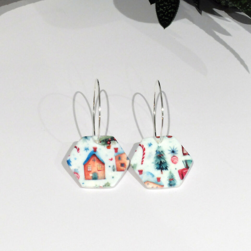 Christmas Gingerbread Village Hoop Earrings - Handmade Polymer Clay - Polly Plant