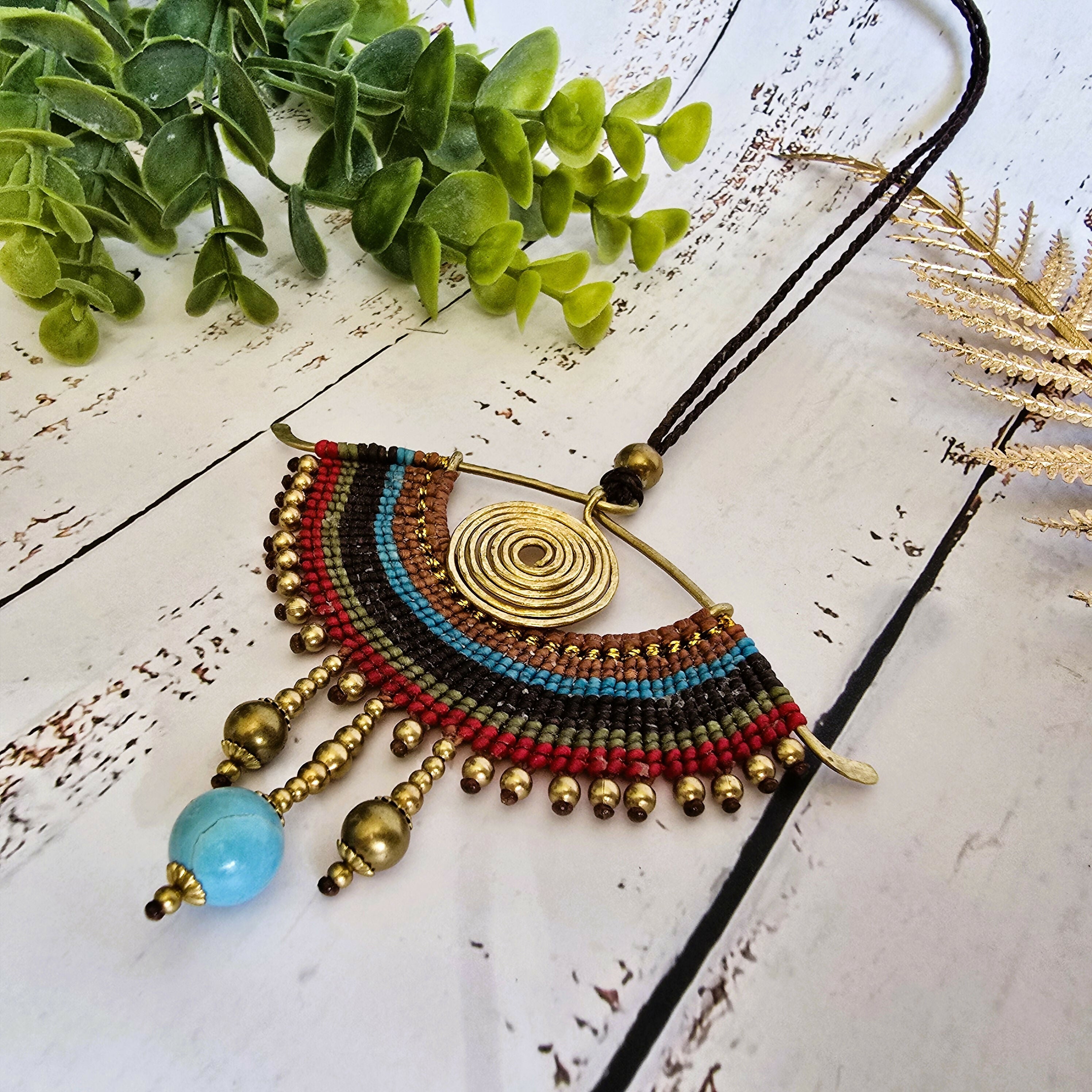 All-Seeing Eye Necklace; Turquoise Crystal Macramé Pendant With Handcrafted Brass Spiral Wire-Art