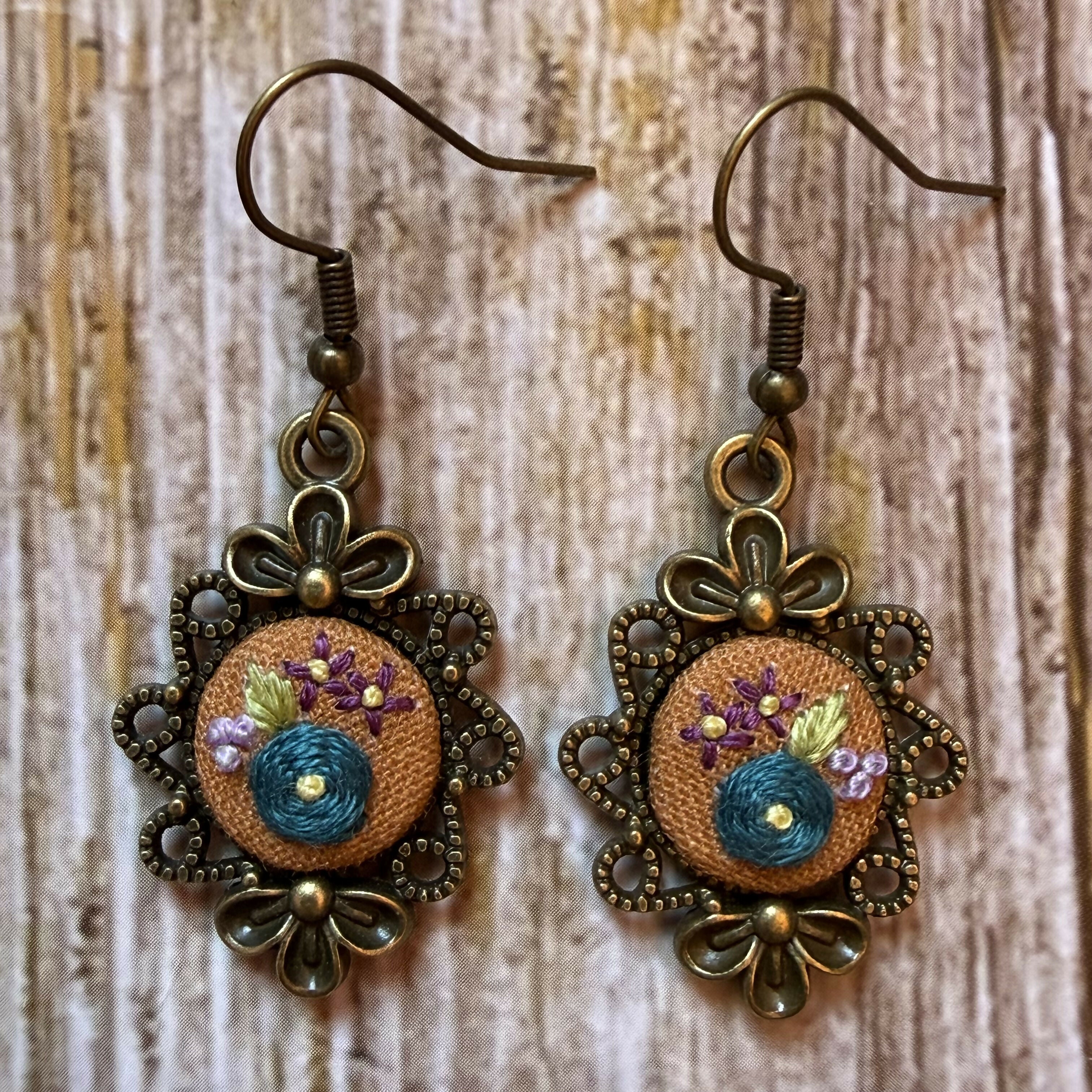 Hand Embroidered Orange Floral Vintage Style Earrings