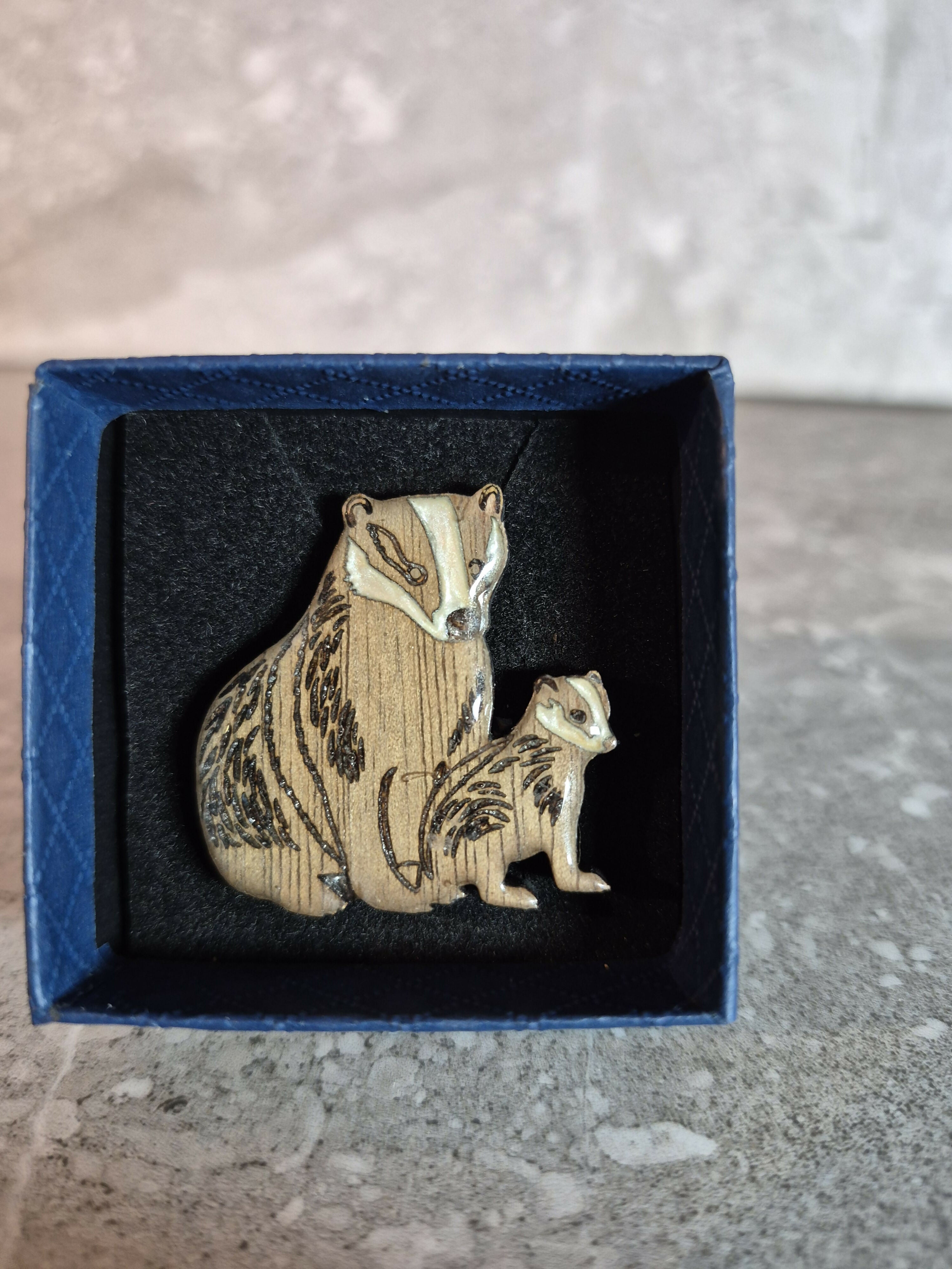 Handcrafted Walnut Veneered Badger and Cub Pin
