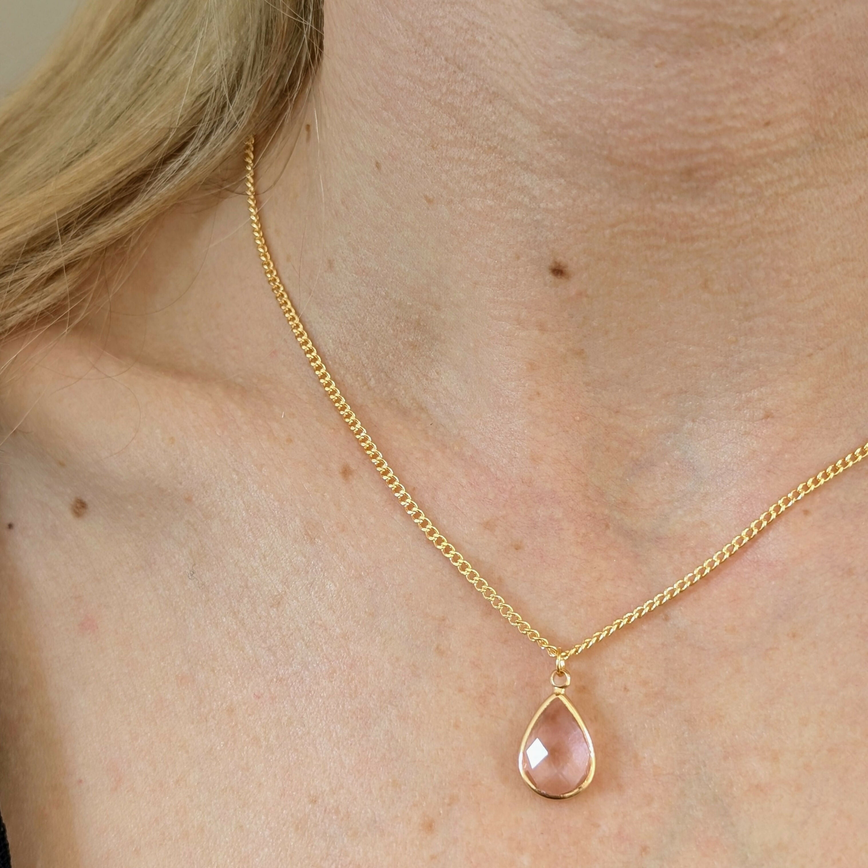 Light Powder Pink Faceted Crystal Teardop Charm Necklace on a Gold Plated Chain