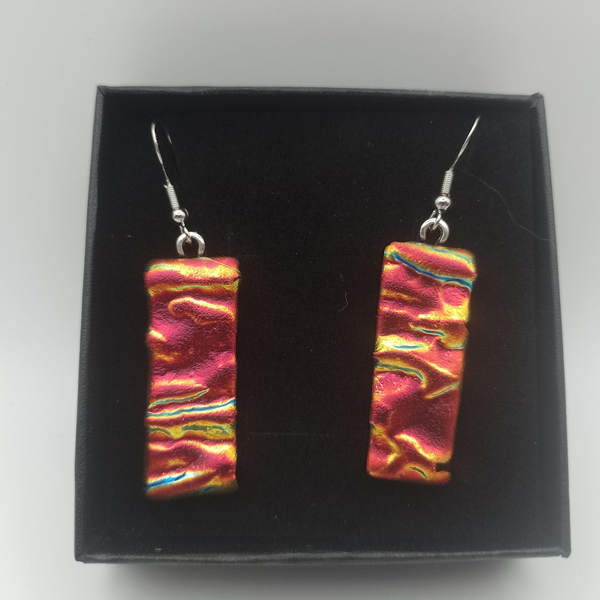 Red, Gold and Orange Ripple Dichroic Glass Earrings