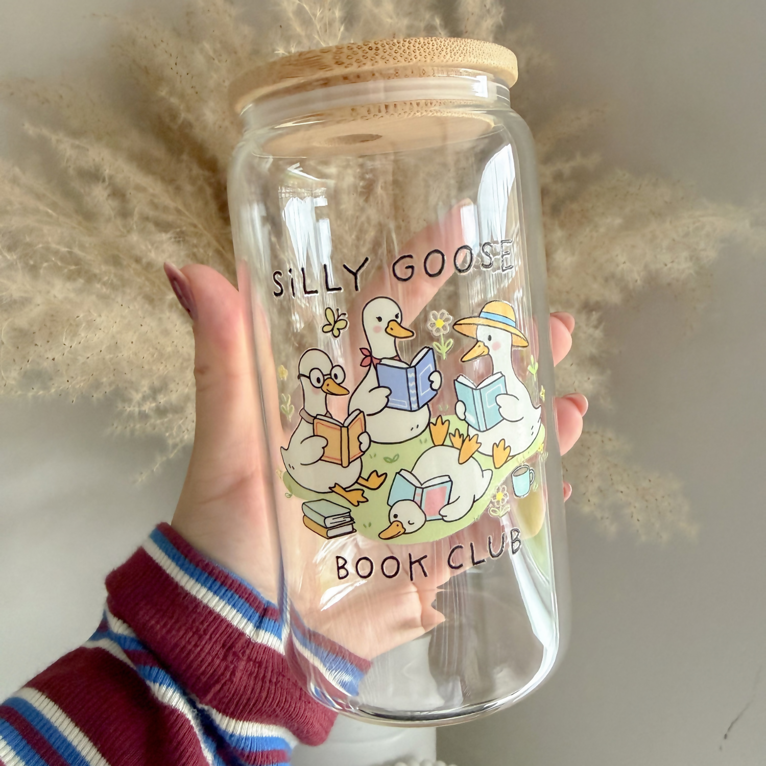 Silly Goose Book Club 16oz Glass Can with Bamboo Lid and Straw