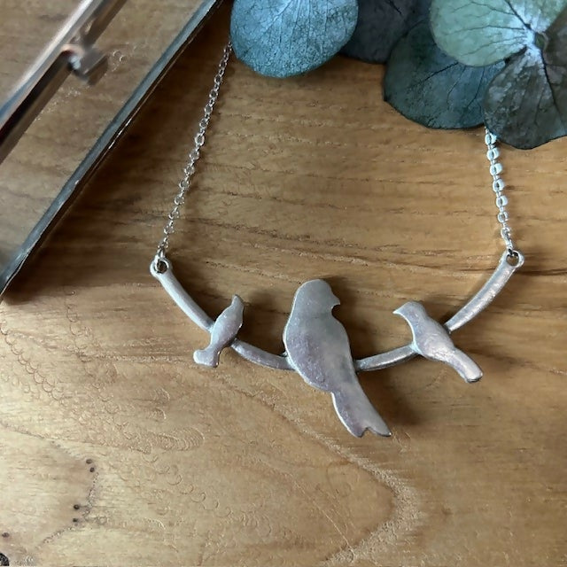 Antique Silver Plated Birds On A Branch Necklace