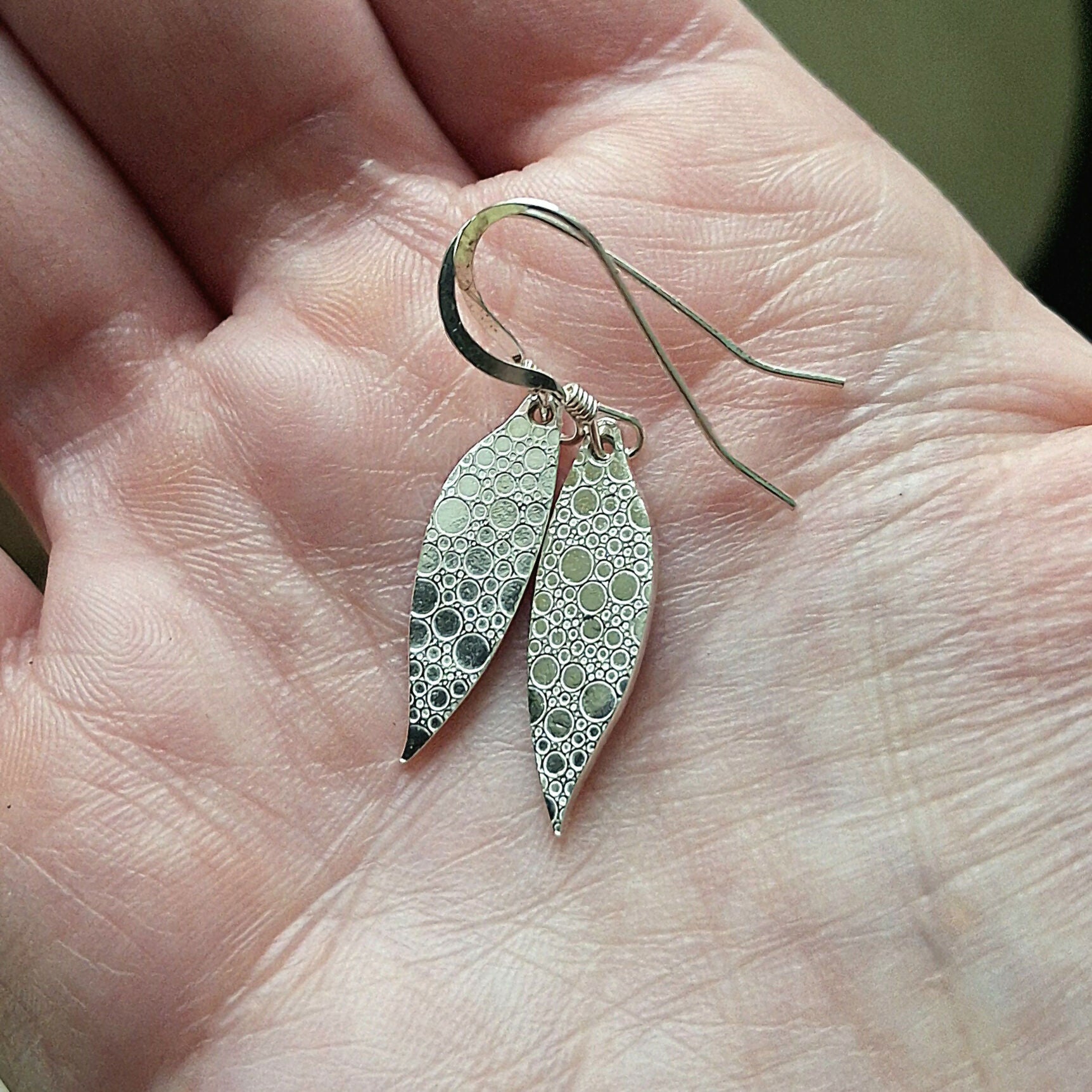 Handmade Silver Drop Leaf Earrings Bubble Texture