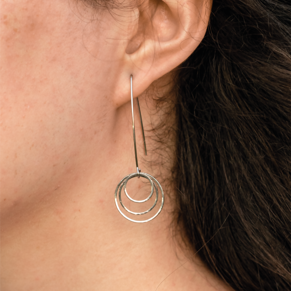 Hammered Triple Circle Stainless Steel Drop Earrings