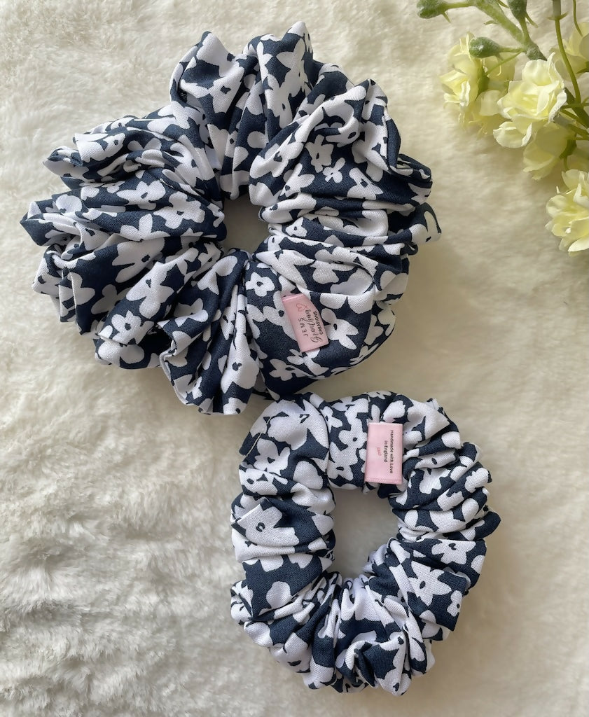 Handmade Scrunchie Navy Blue Cotton white flower print