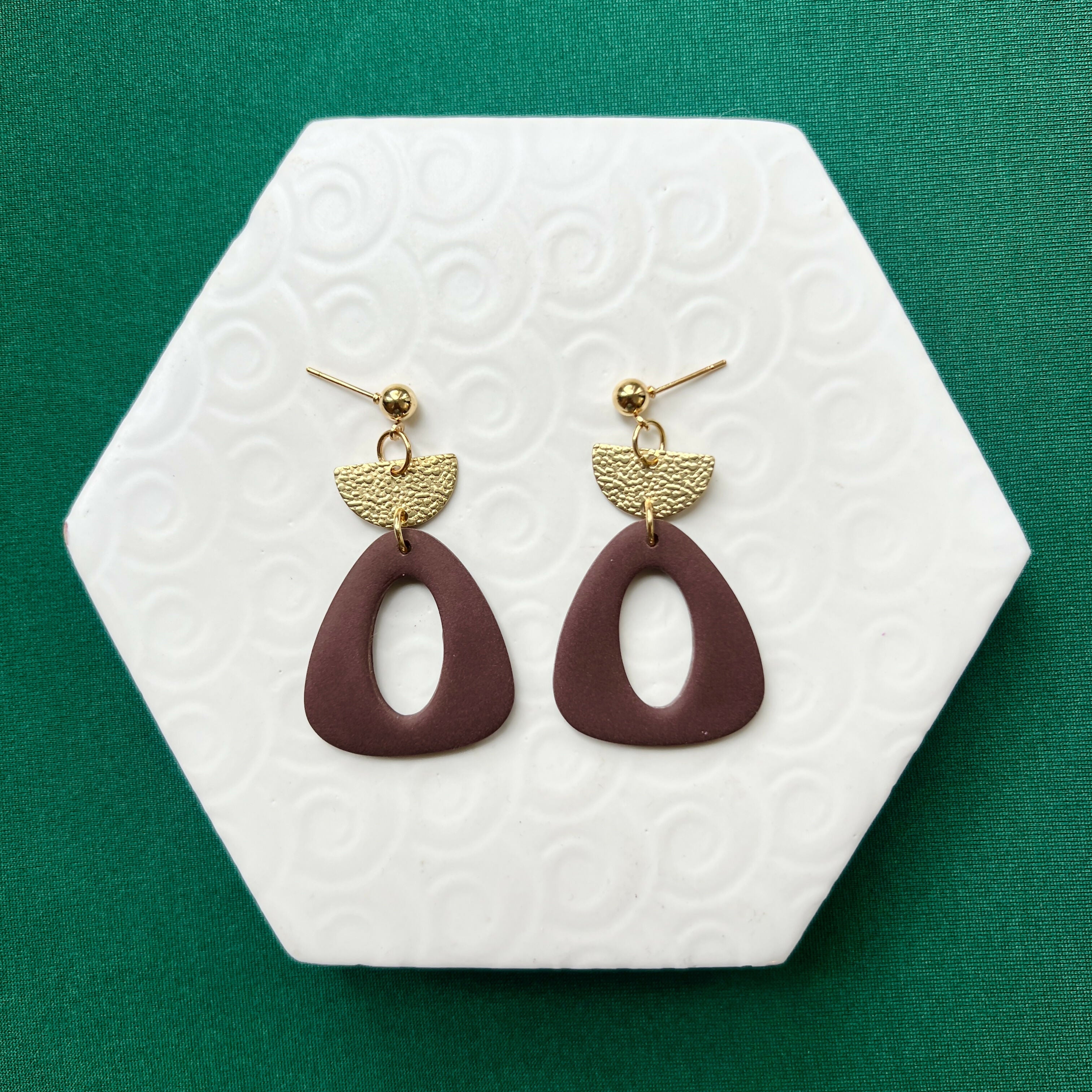 Carla Chocolate Brown Polymer Clay & Gold Geometric Drop Earrings