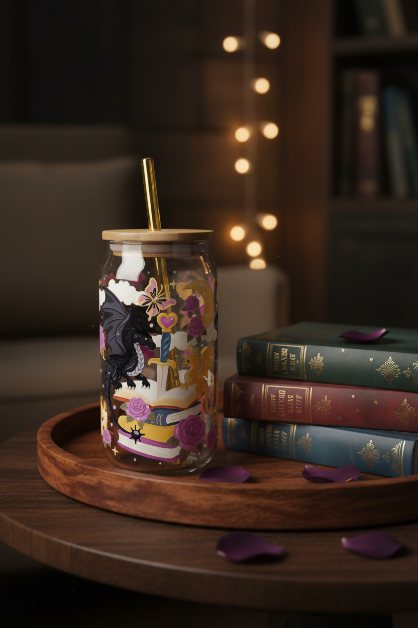 Black and Gold Romantasy Dragon 16oz Glass Can