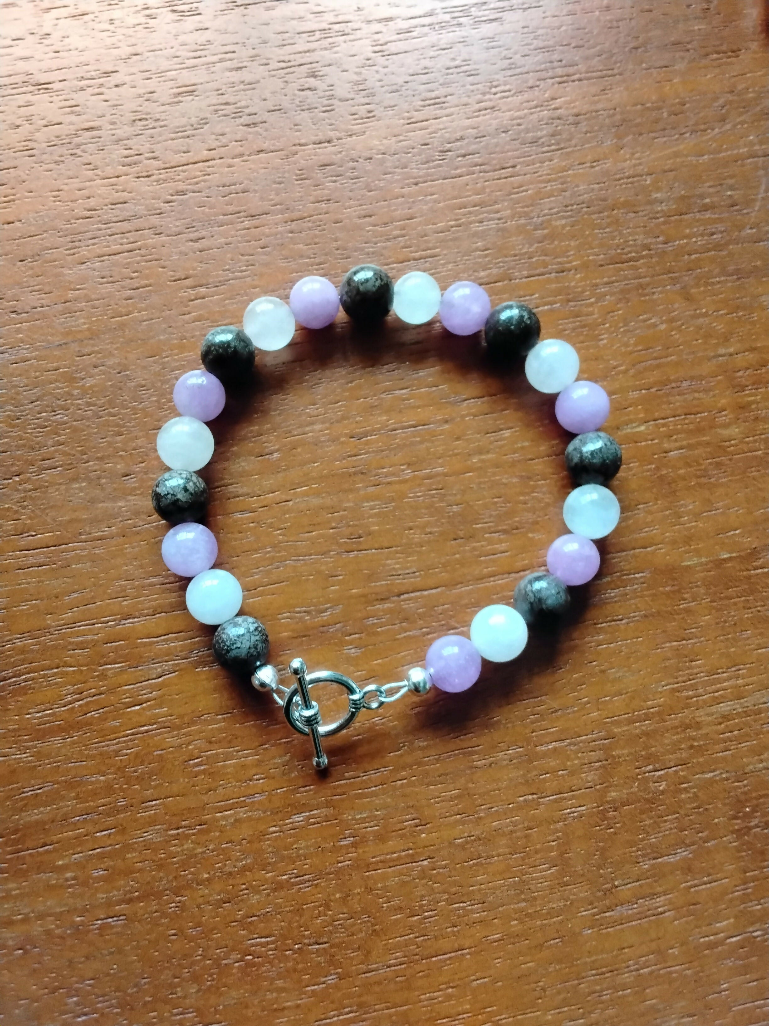 Tibetan Silver Toggle Catch Bracelet with Coffee Snowflake Jasper, Rose Quartz & Amethyst.