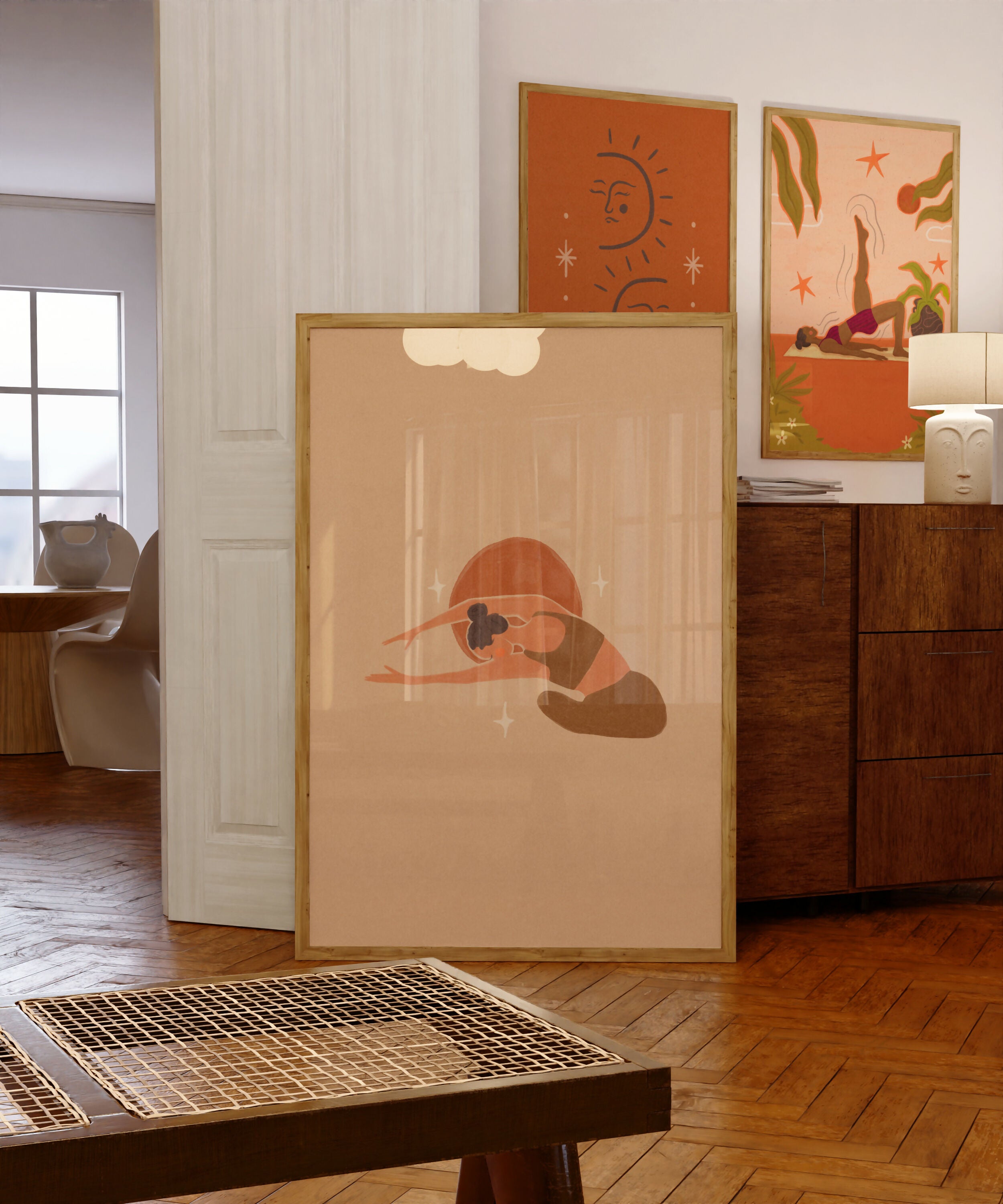Minimalist Yoga Art Print, Golden Hour Sun Wall Art, Boho Wellness Illustration (A3)