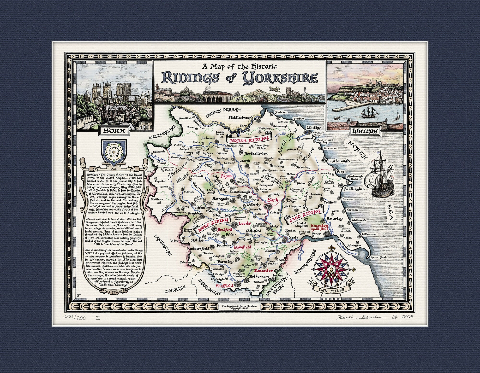 Yorkshire Ridings Map Hand Drawn Fine Art Print