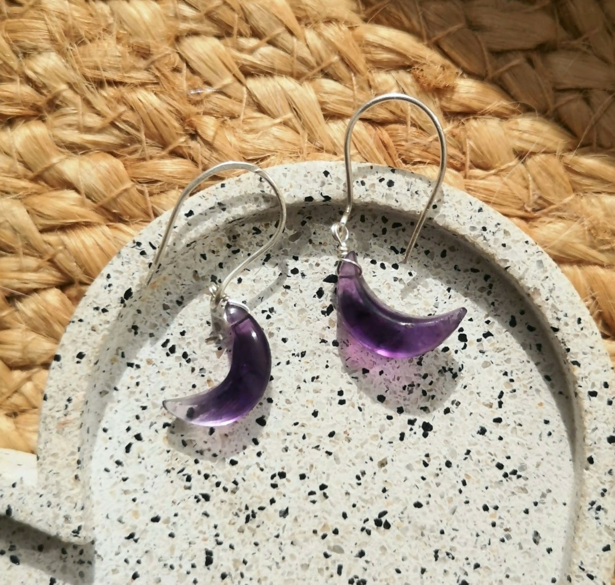 Sterling Silver Amethyst Crescent Moon Dangle Earrings