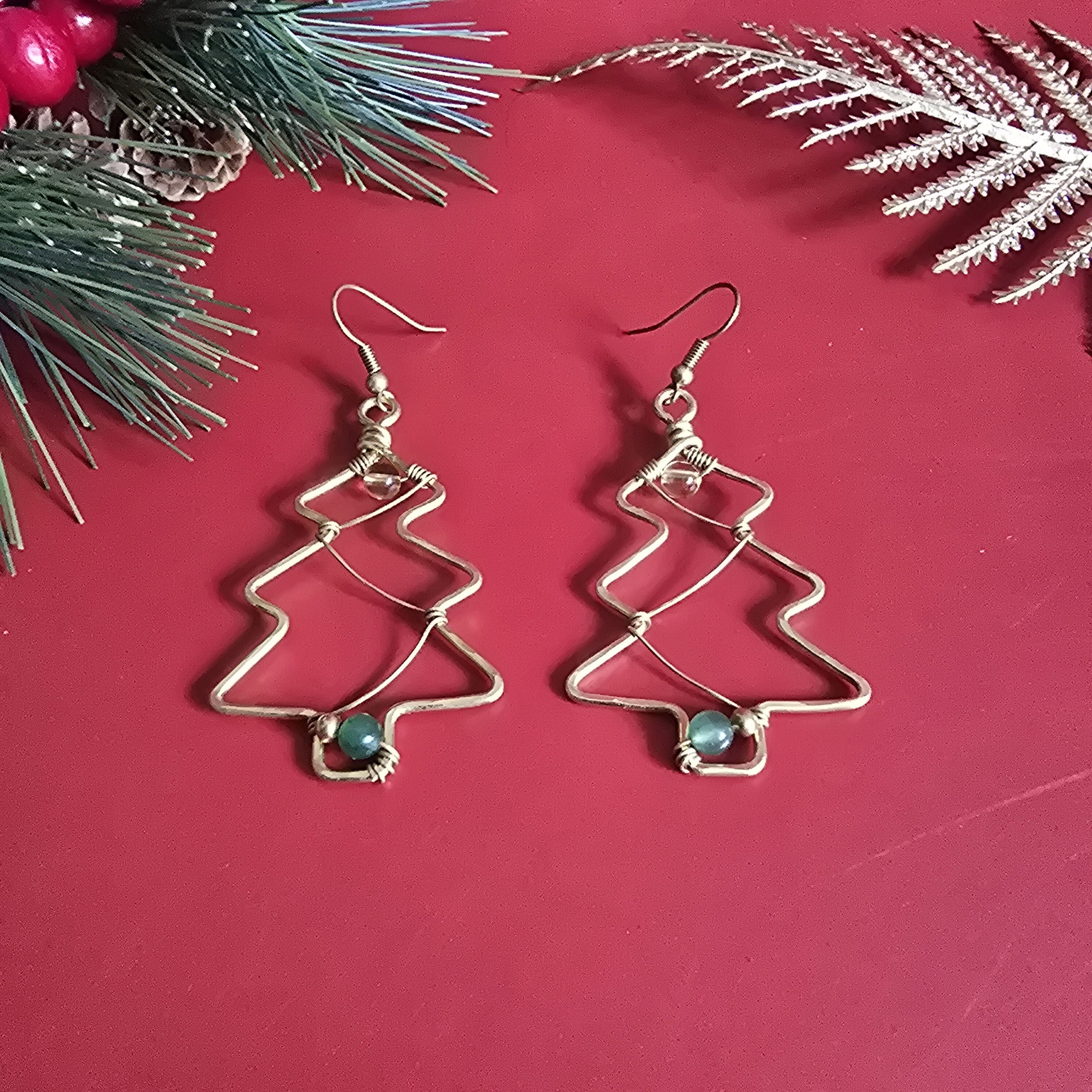 Christmas Tree Brass Wire Earrings; Jade Citrine Crystal Gold Handmade Festive Earrings