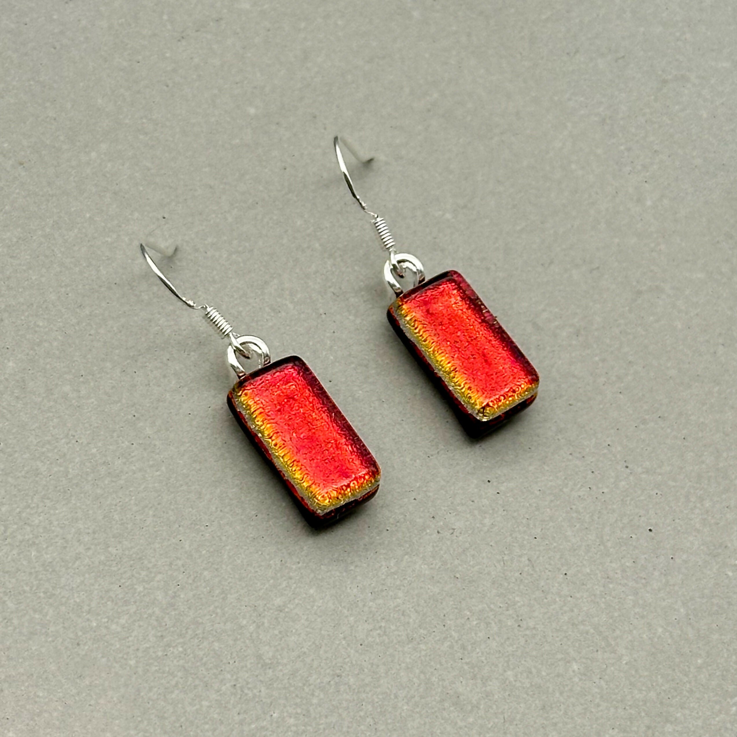 Red Dichroic Fused Glass Dangle Sterling Silver Earrings - Handmade by Jade Tapson Glass.