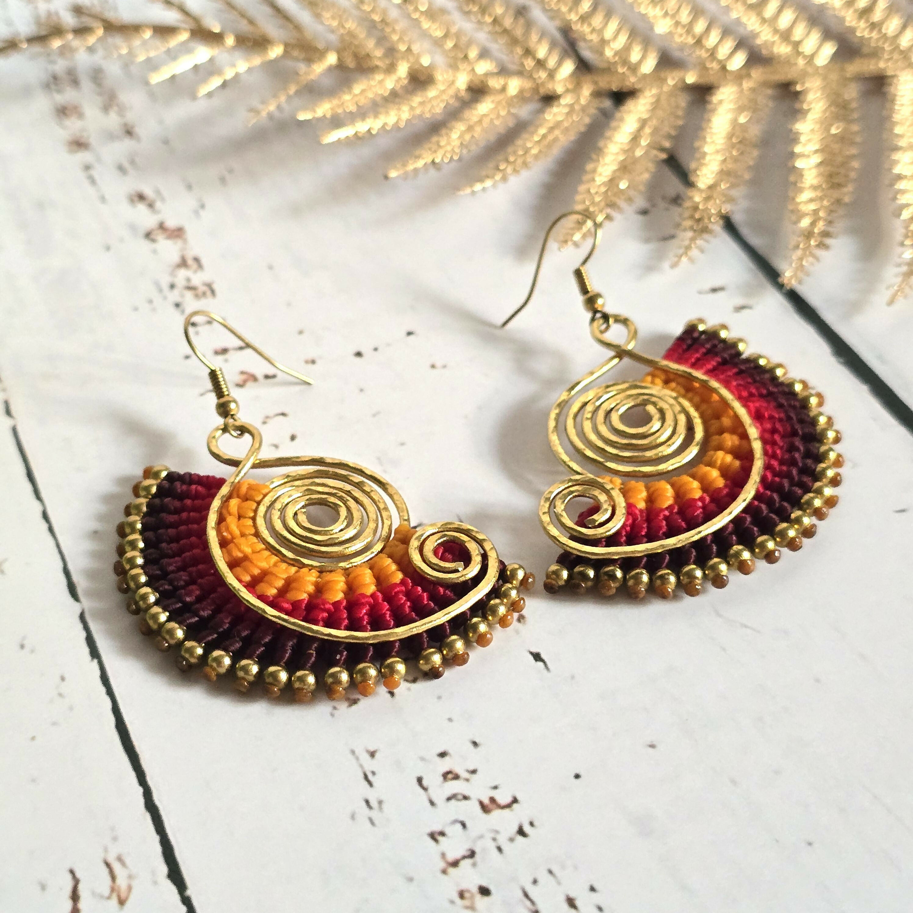 Sunset Macrame Earrings; Golden Spiral Knotted Cord Boho Red Orange Yellow Earrings