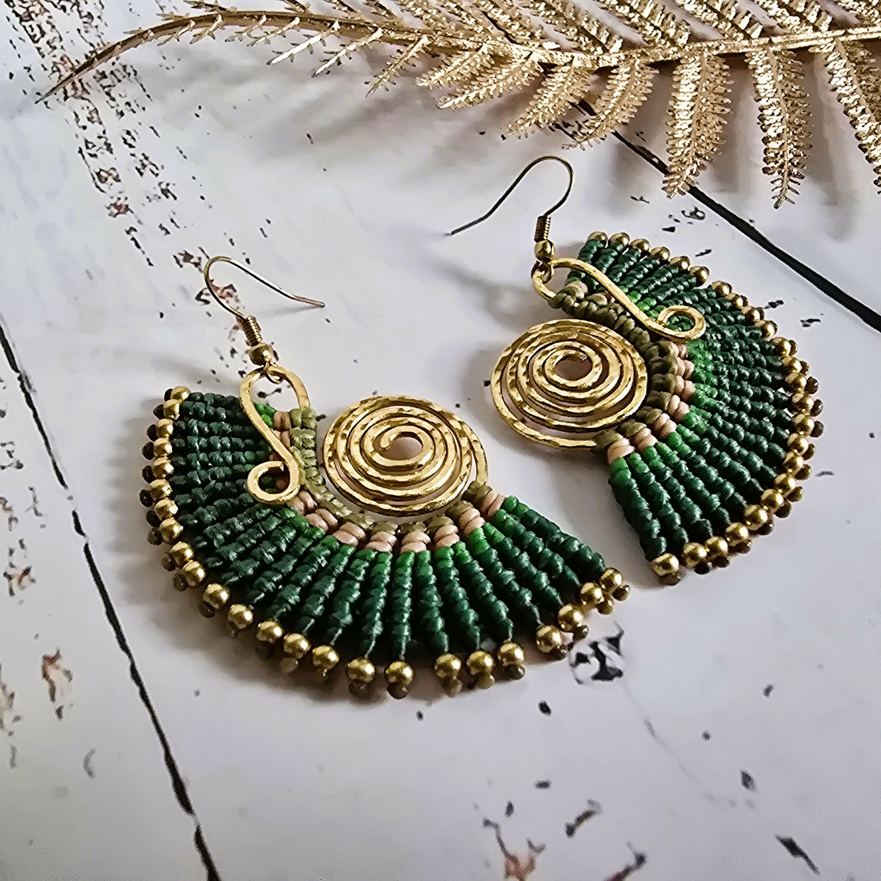 Green Fan Macrame Earrings; Ear Jacket Style Boho Nature Bold Statement Gold Spiral Earrings