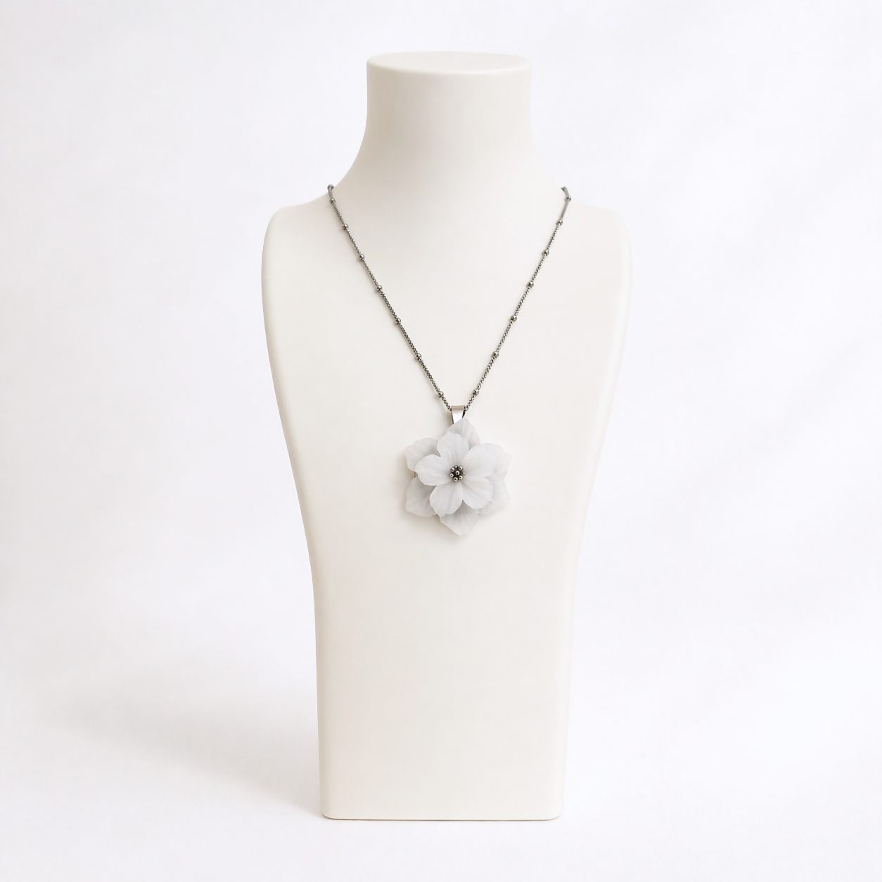 Translucent White Flower Pendant Necklace with Silver Chain