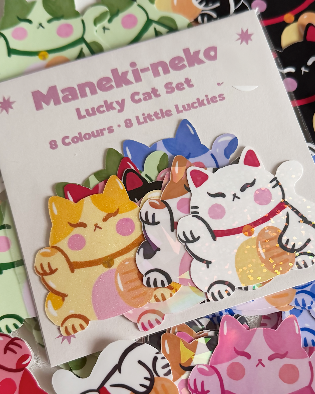Maneki-neko Lucky Cat Sticker Pack - 8 Colors Complete Set