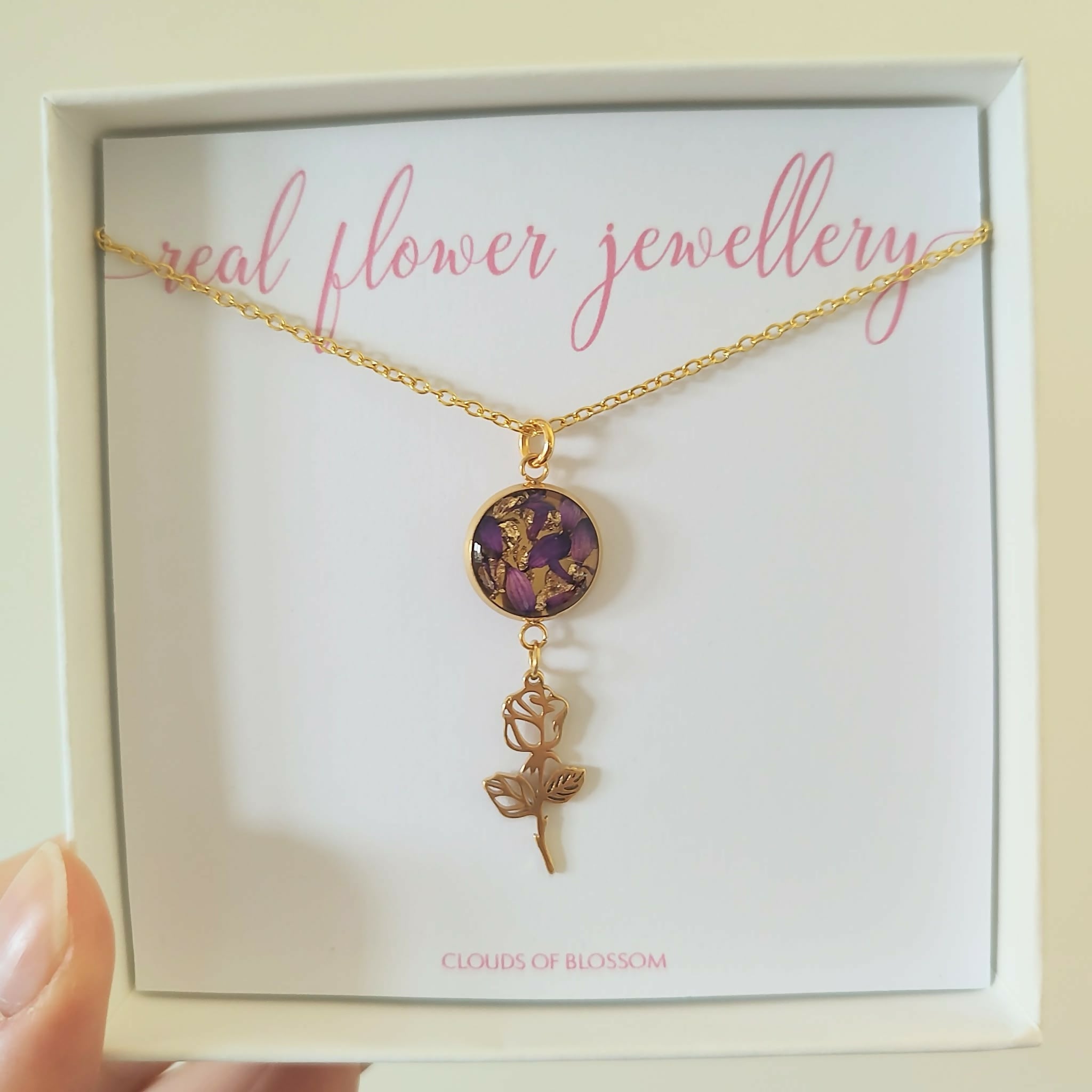 Purple Real Flower Rose Necklace Gold Plated