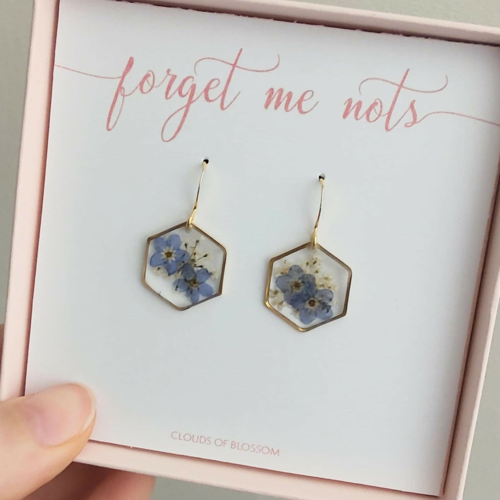 Forget Me Not Hexagon Earrings Gold Plated