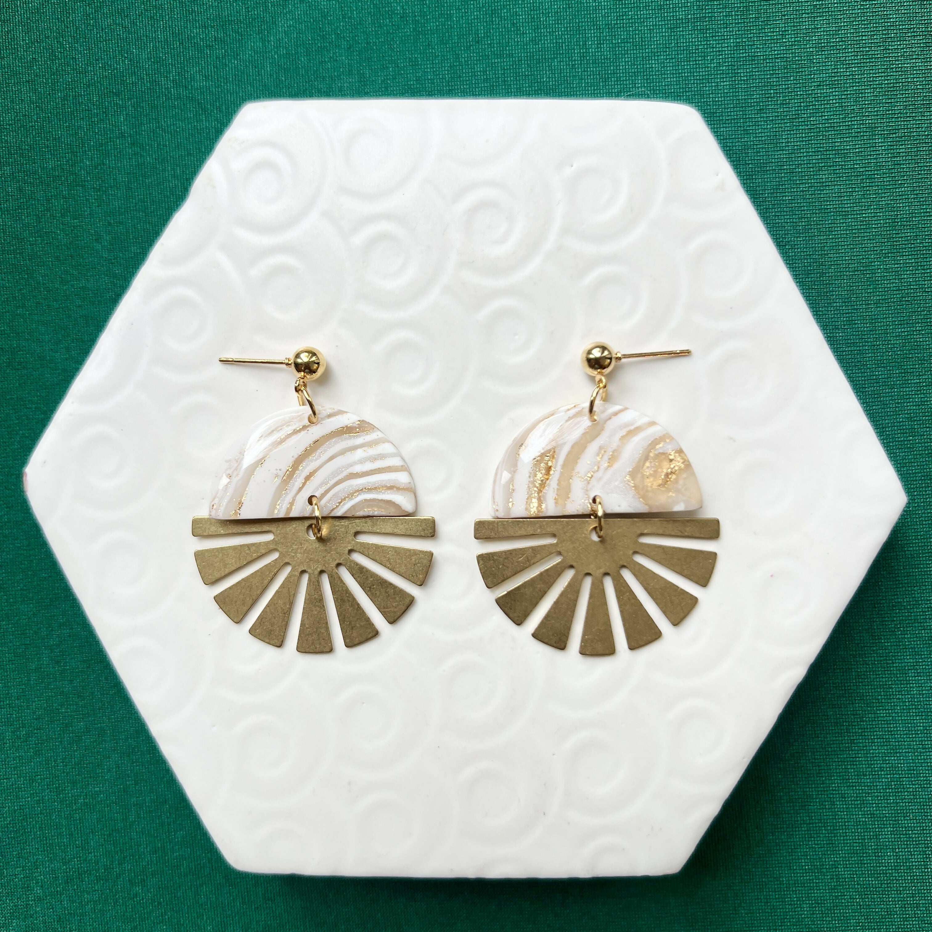 Indie Marble Effect Polymer Clay & Brass Sunburst Statement Earrings