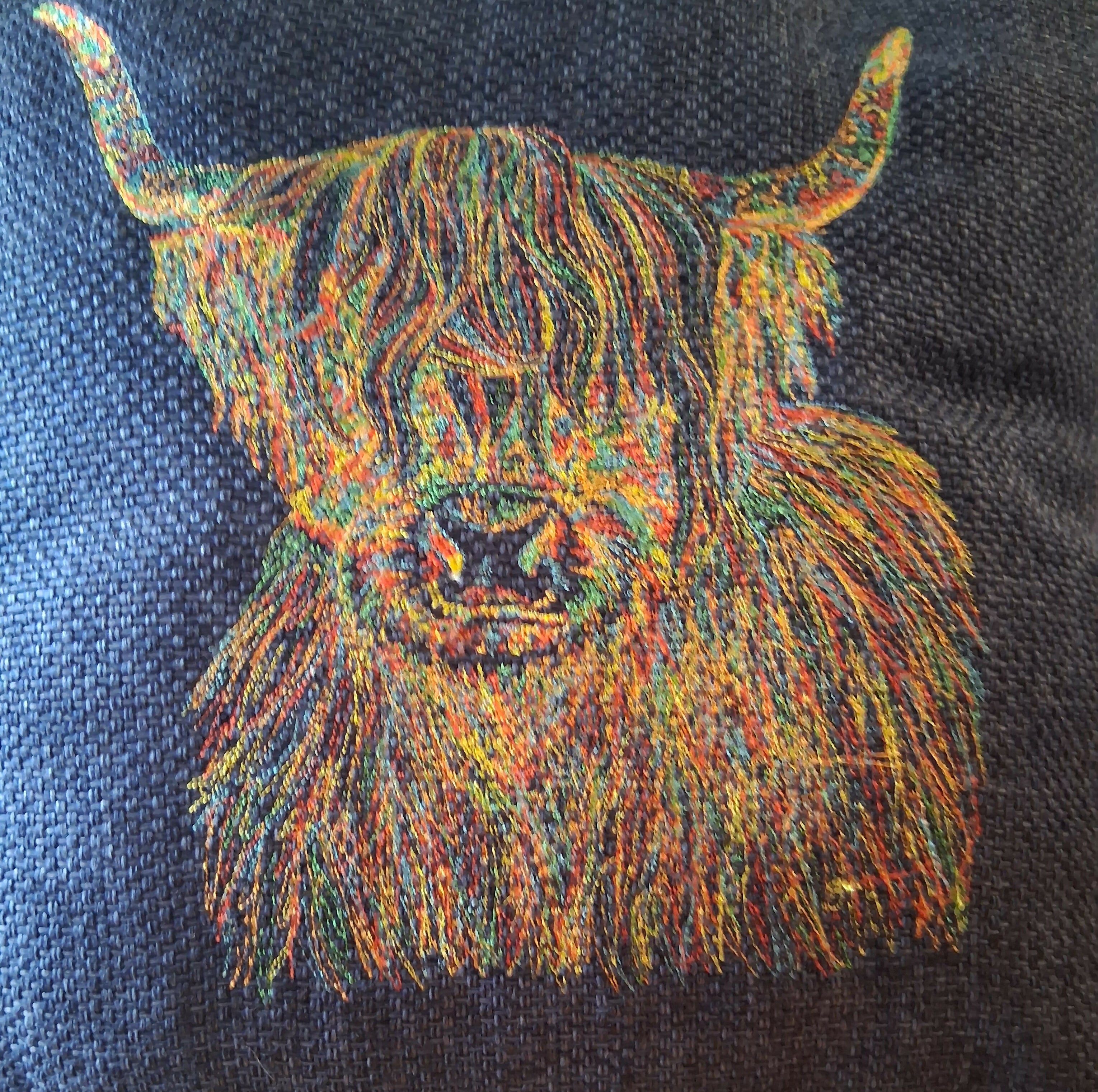 Embroidered Highland Cow Embroidered Scatter Cushion in Navy