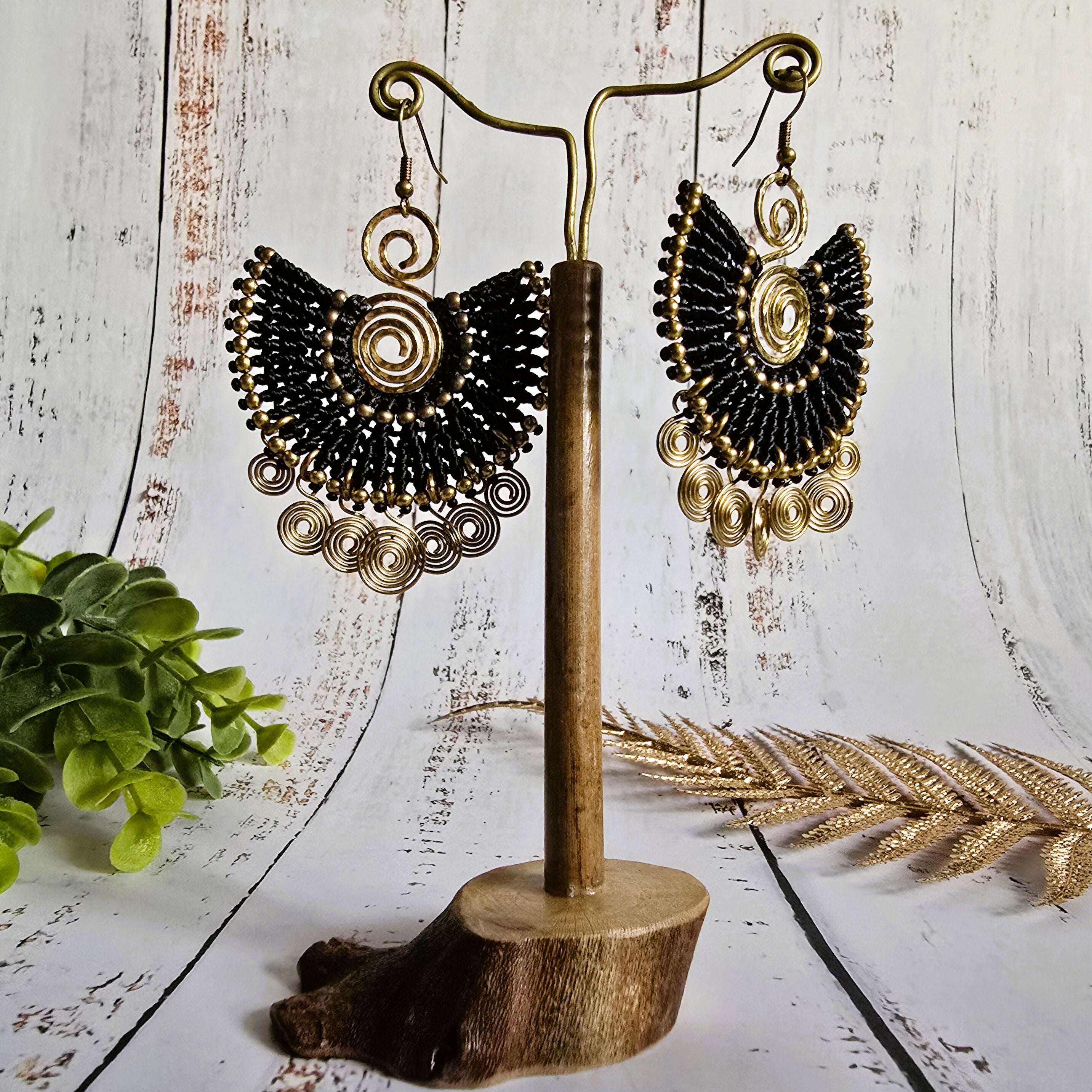 Egyptian Queen Earrings; Large Statement Black Macrame Gold Spirals Earrings