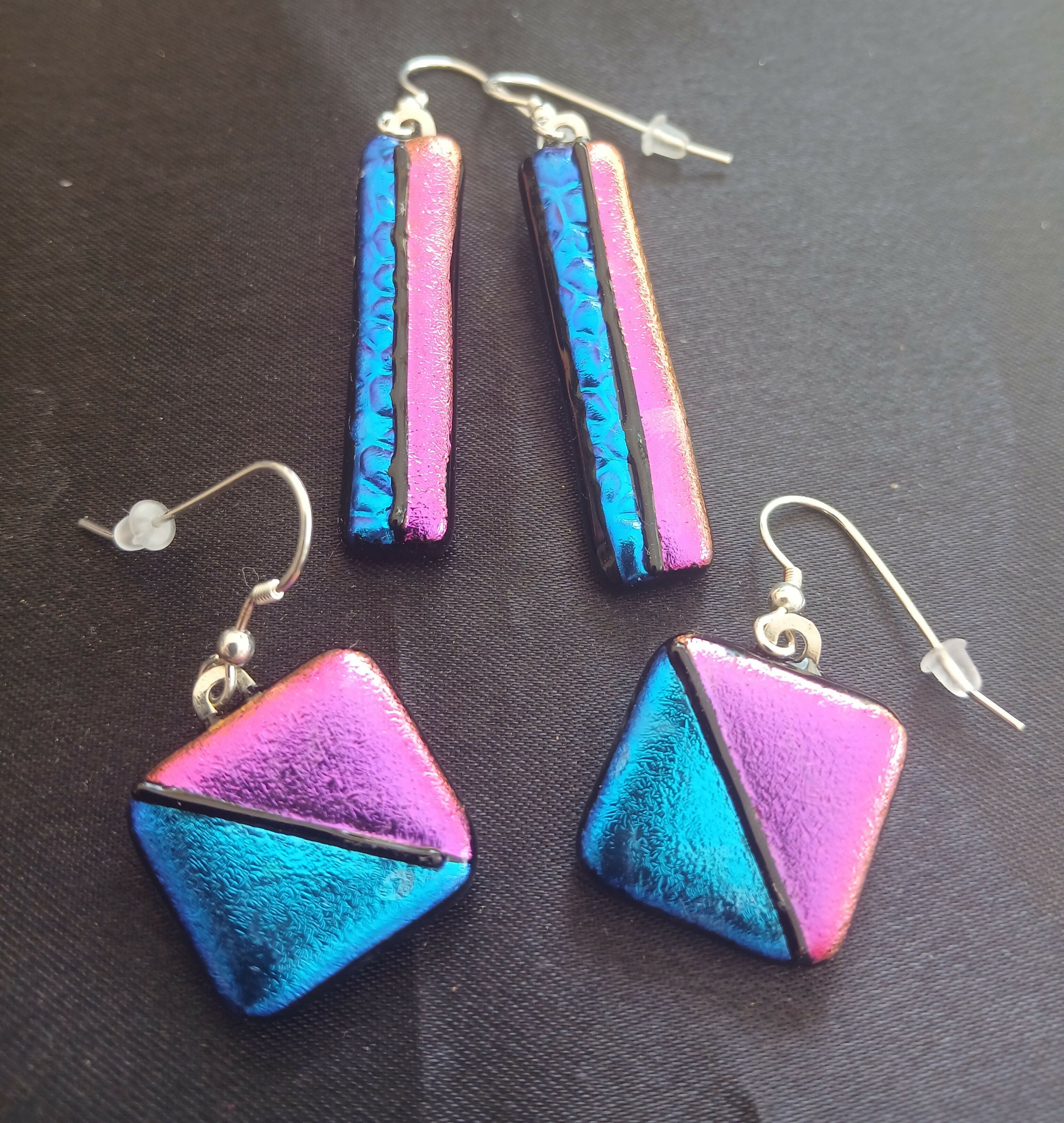 Fused Dichroic Glass Earrings in Pink and Blue with Sterling Silver Hooks