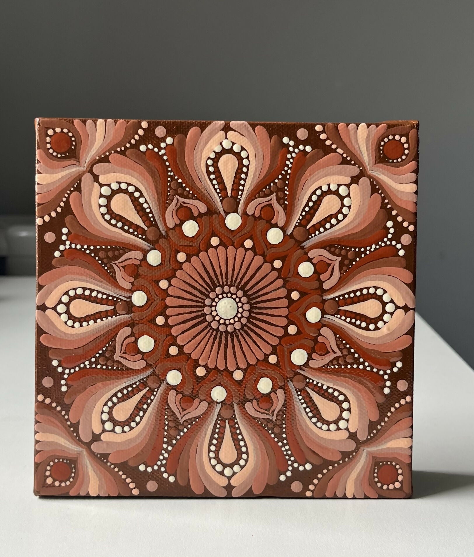 Dot Mandala Painting on Square Boxed Canvas - Brown