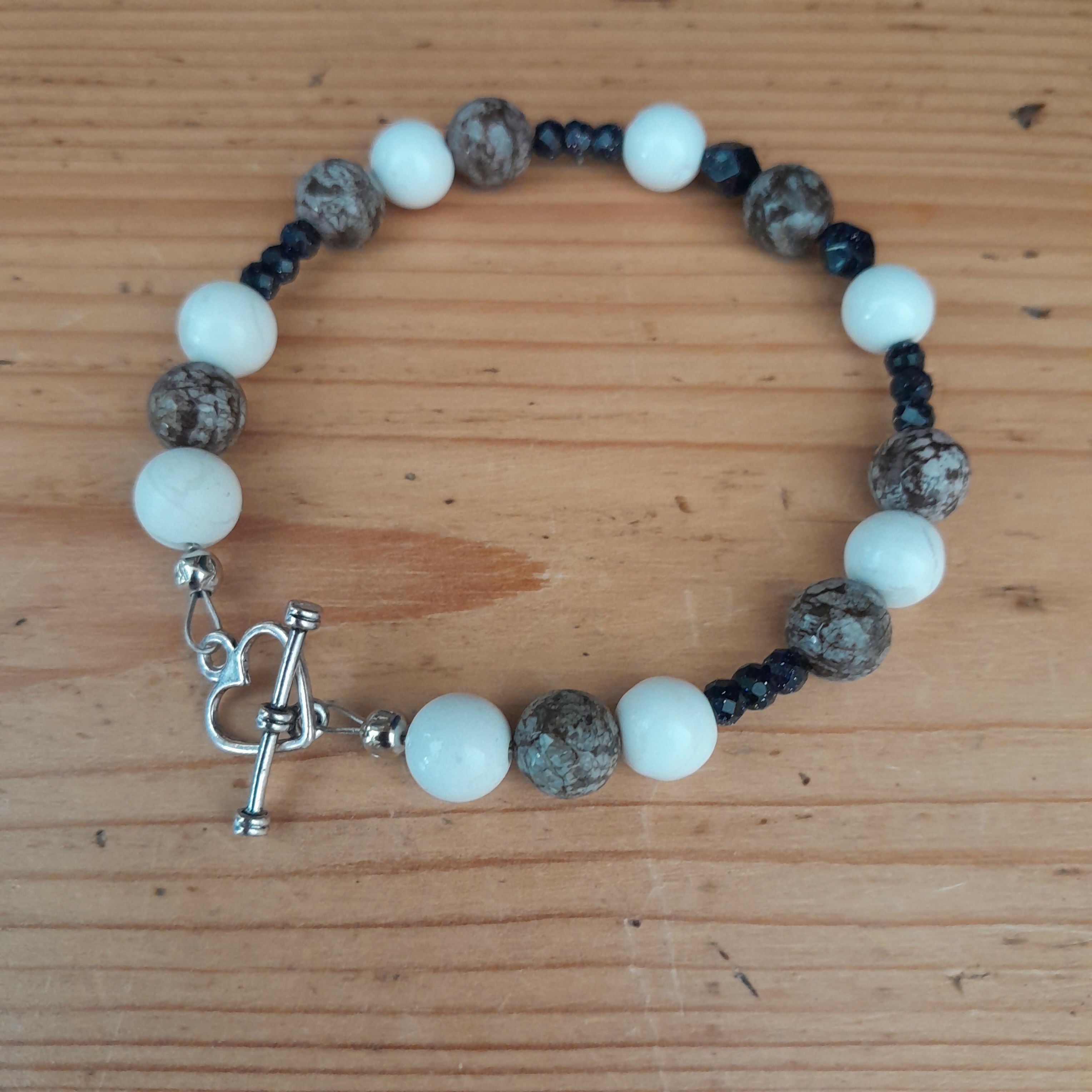 Tibetan Silver Toggle Bracelet with Howlite, Coffee Snowflake Jasper and Faceted Navy Goldstone.