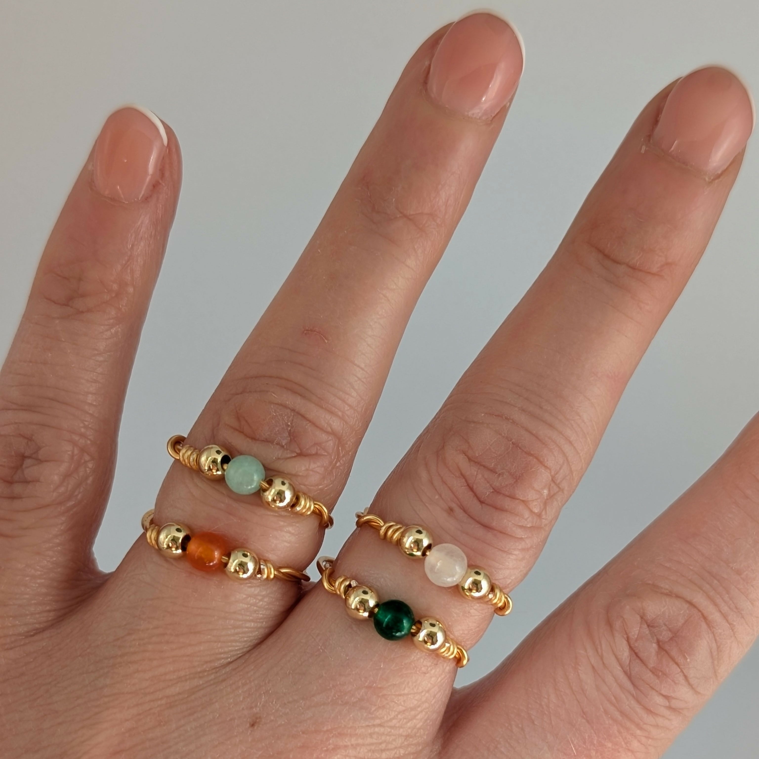 SIZE MEDIUM Semi Precious Bead Gold Plated Wire Rings in a Choice of Colours