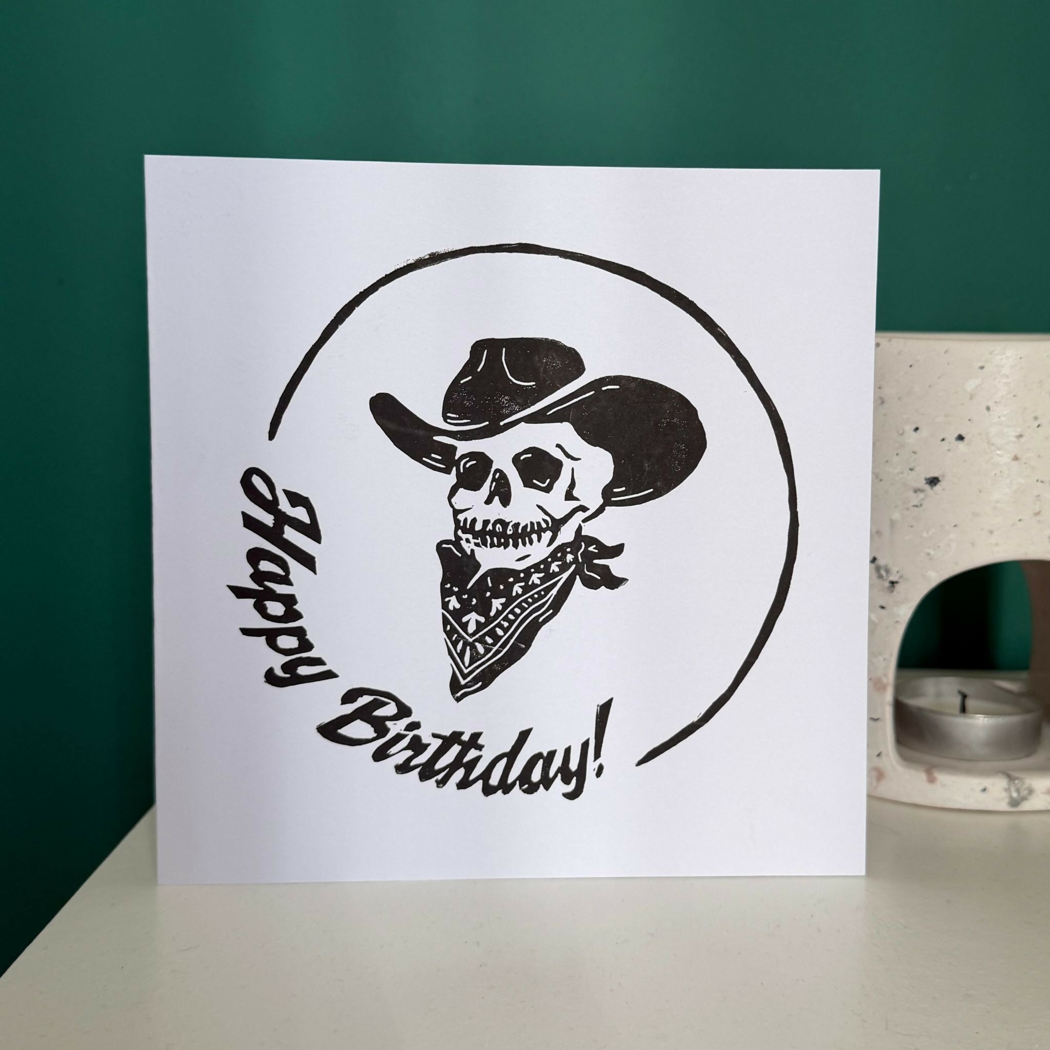 Lino Print Birthday Card - Cowboy Skeleton