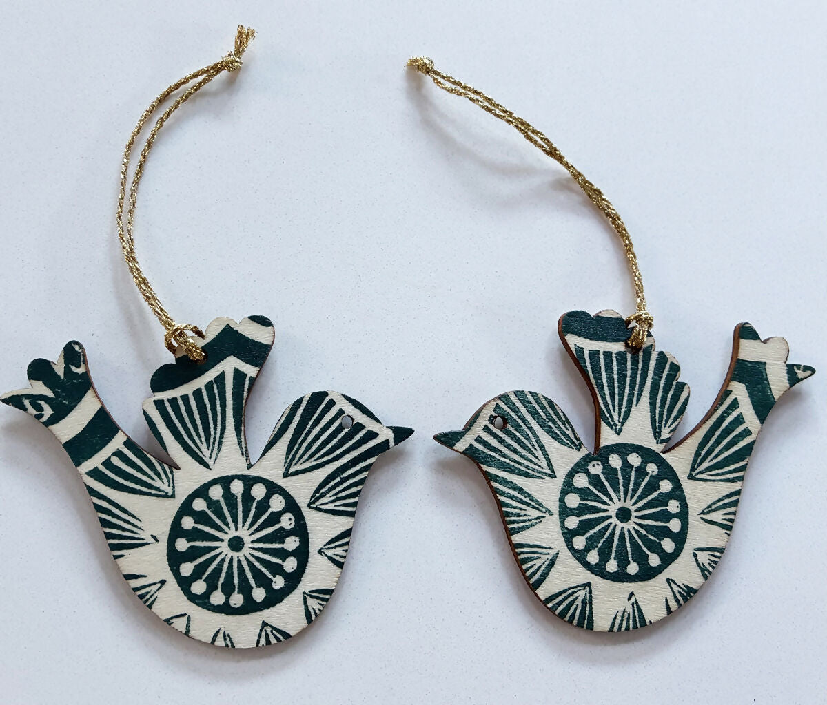 Hand-printed Wooden Bird Hanging Decoration in Teal.