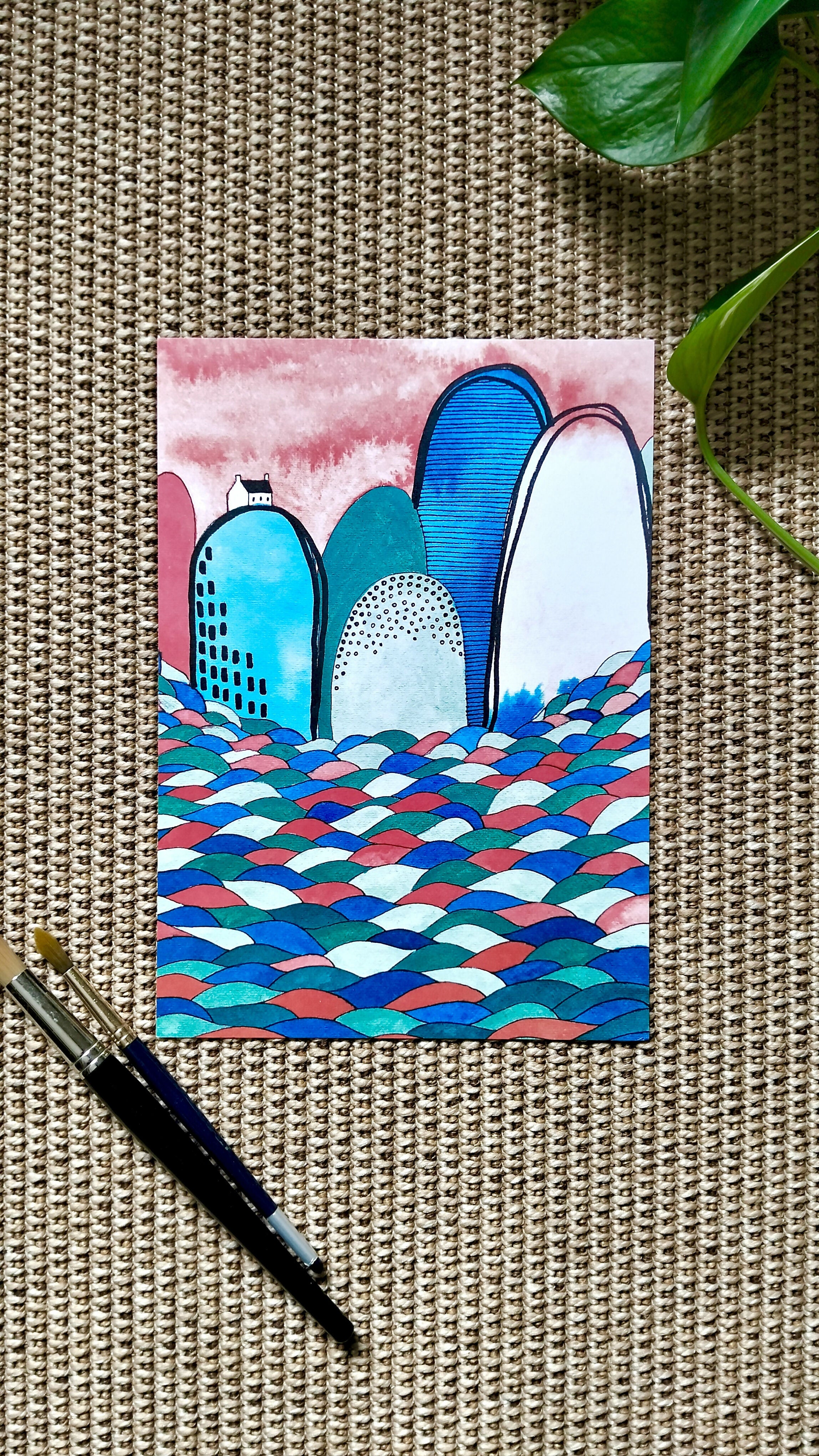 A4 Abstract Landscape Art Print | Seaside Cottage